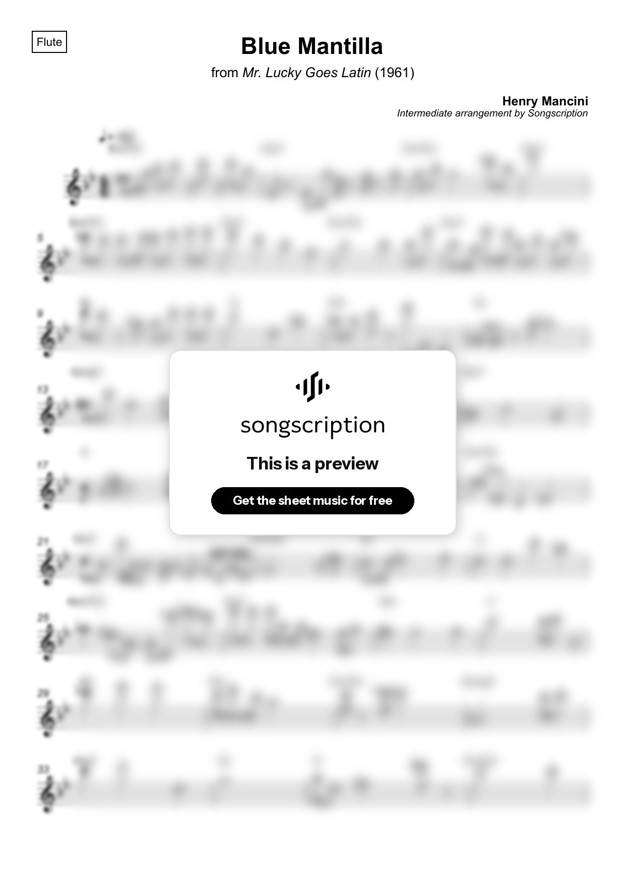 Intermediate Flute Sheet Music for "Blue Mantilla" by Henry Mancini