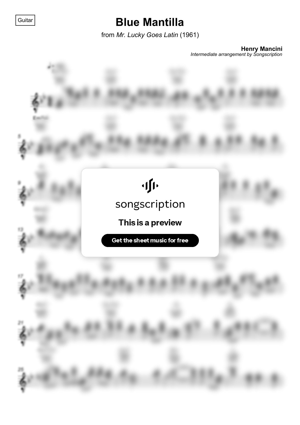 Intermediate Acoustic Guitar Sheet Music for "Blue Mantilla" by Henry Mancini