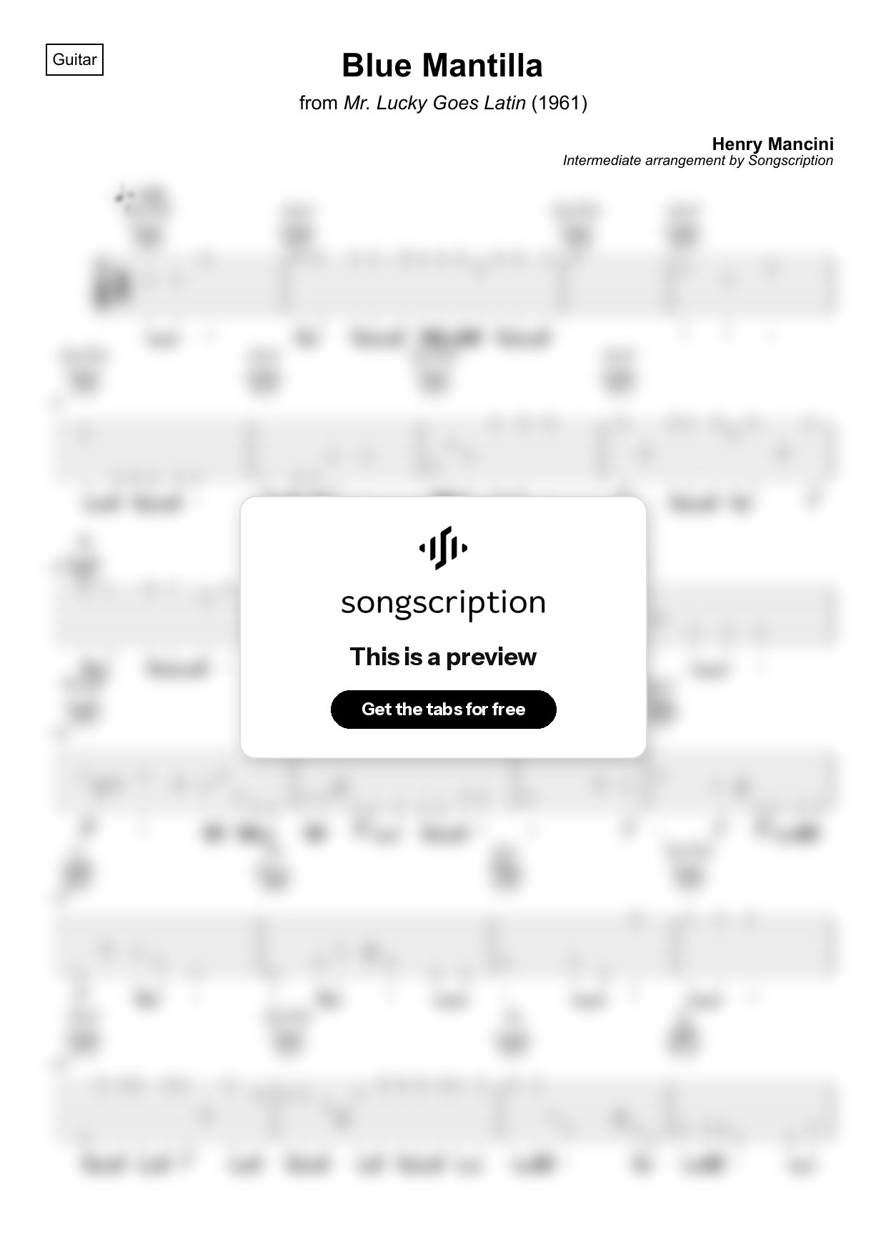 Intermediate Acoustic Guitar Tabs for "Blue Mantilla" by Henry Mancini
