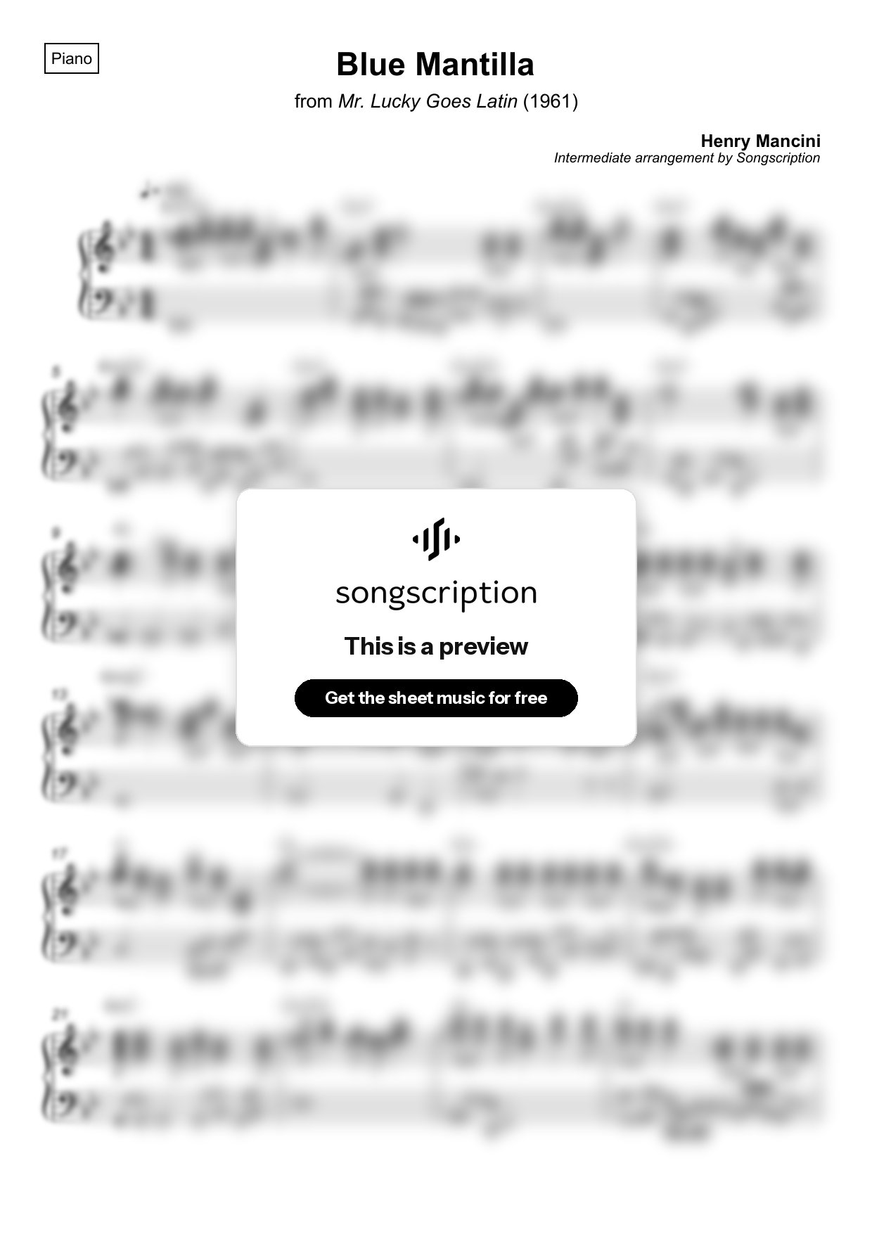 Intermediate Piano Sheet Music for "Blue Mantilla" by Henry Mancini