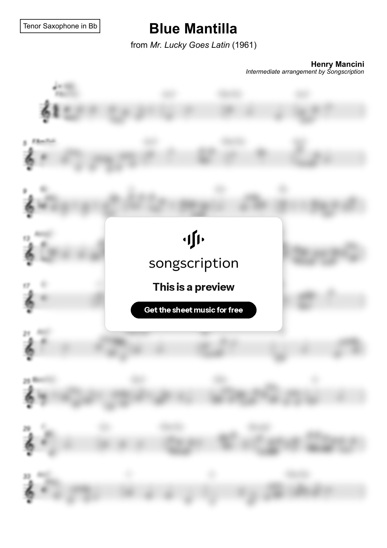Intermediate Tenor Sax Sheet Music for "Blue Mantilla" by Henry Mancini