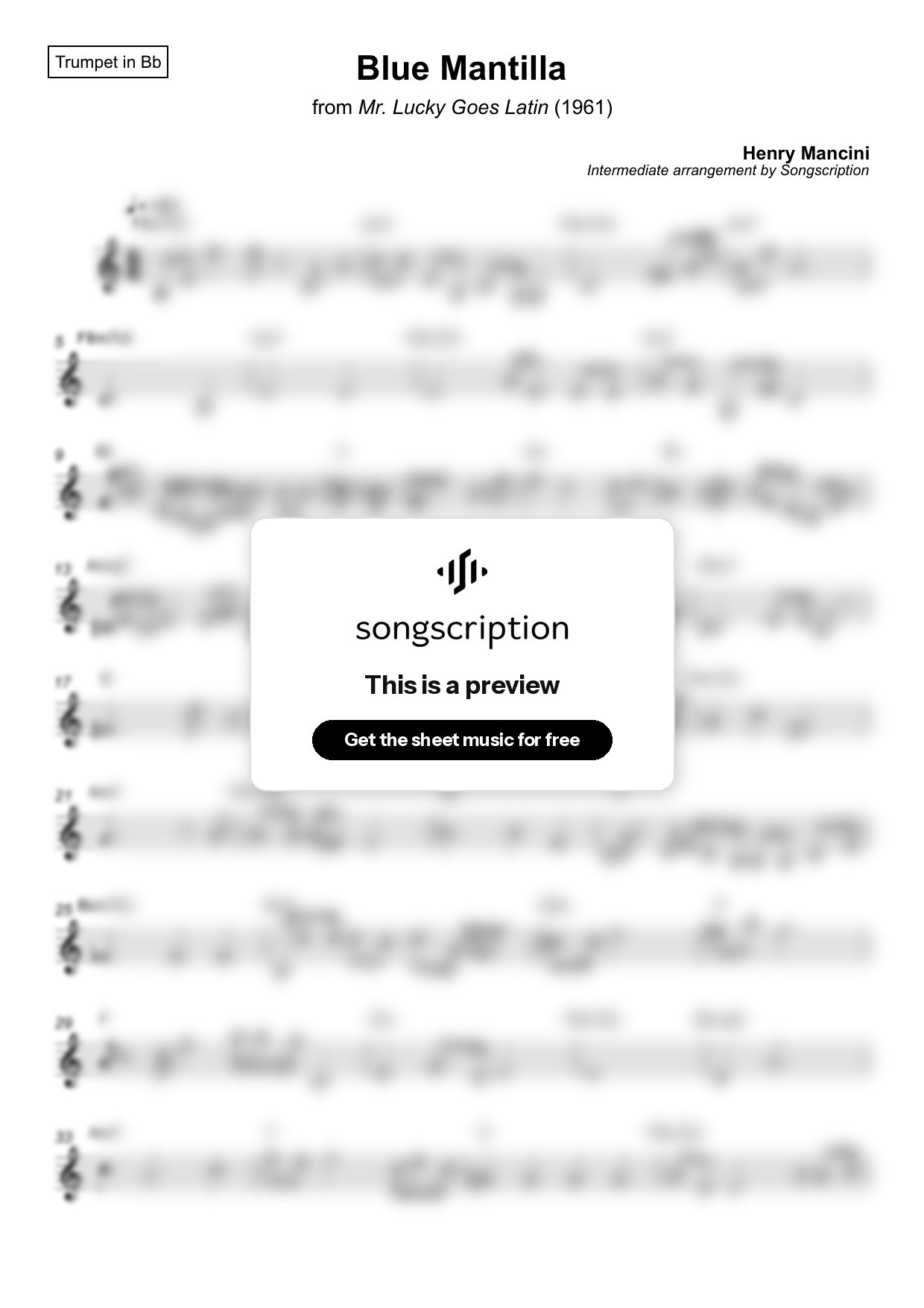 Intermediate Trumpet Sheet Music for "Blue Mantilla" by Henry Mancini