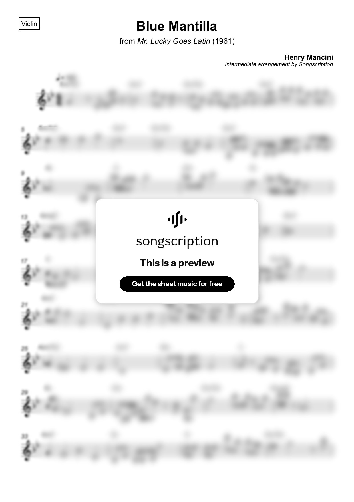 Intermediate Violin Sheet Music for "Blue Mantilla" by Henry Mancini