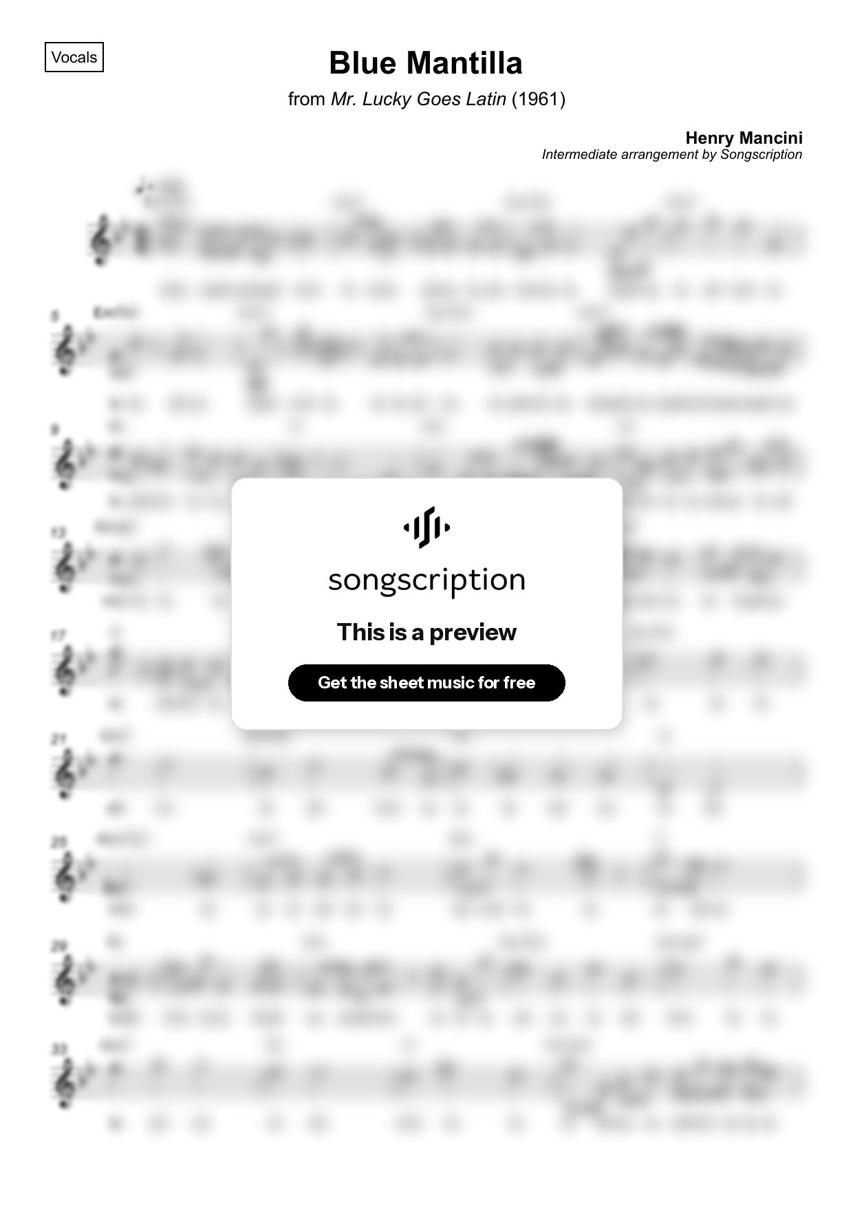 Intermediate Vocals Sheet Music for "Blue Mantilla" by Henry Mancini