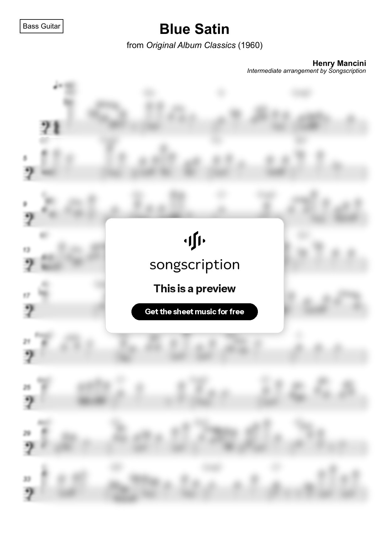 Intermediate Bass Guitar Sheet Music for "Blue Satin" by Henry Mancini