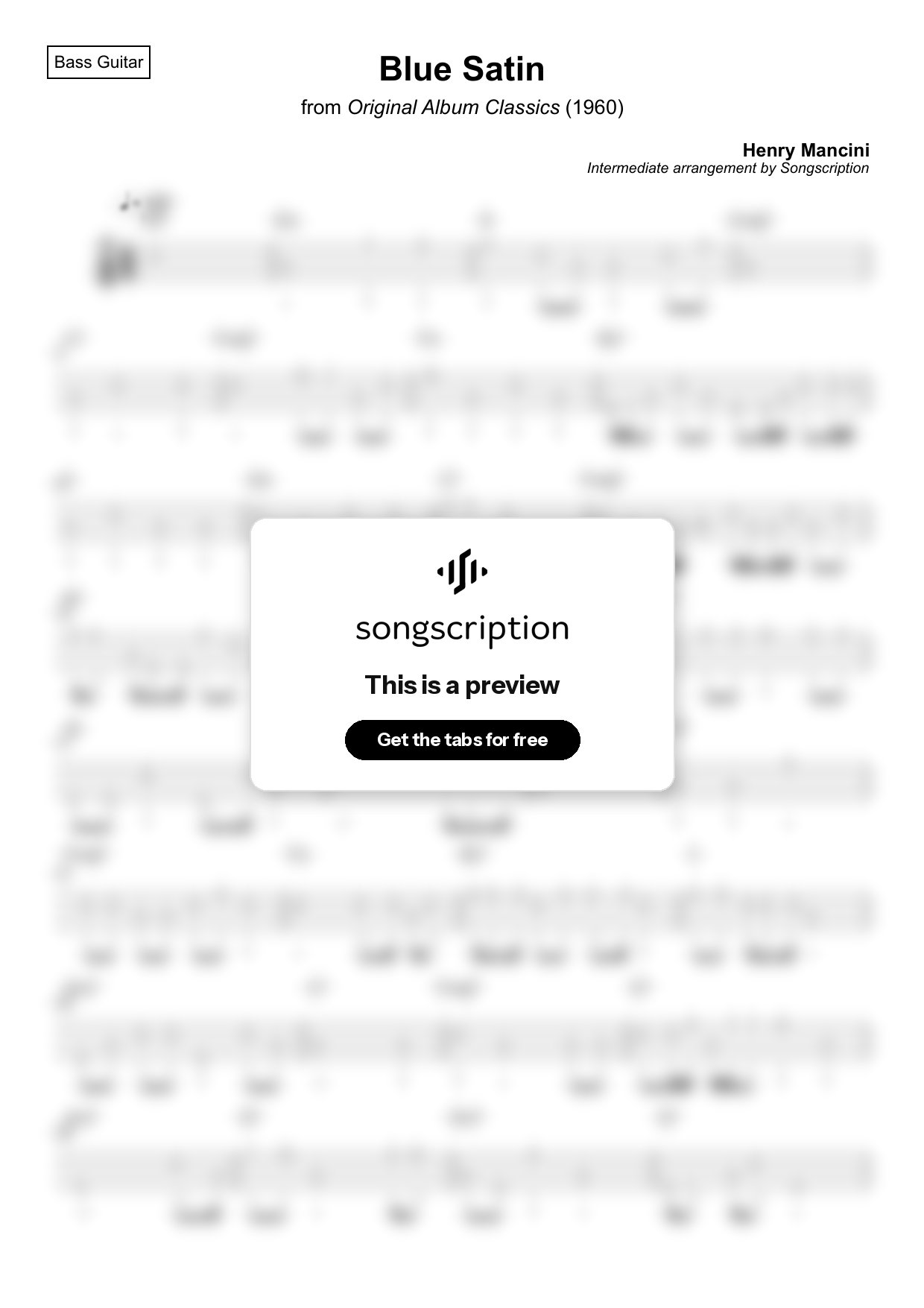 Intermediate Bass Guitar Tabs for "Blue Satin" by Henry Mancini
