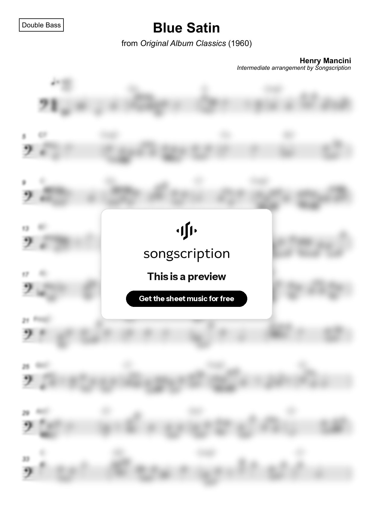 Intermediate Double Bass Sheet Music for "Blue Satin" by Henry Mancini