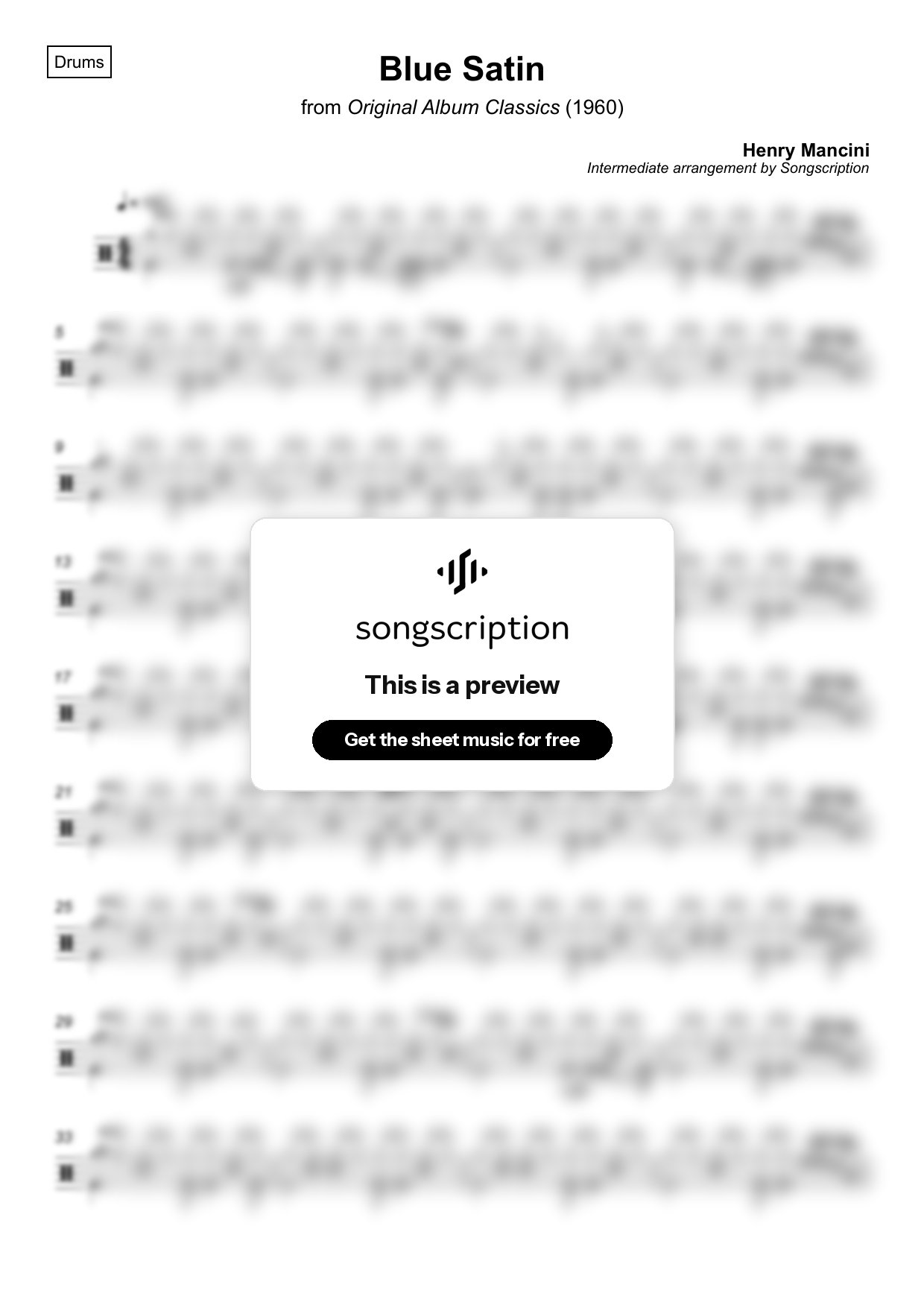 Intermediate Drums Sheet Music for "Blue Satin" by Henry Mancini