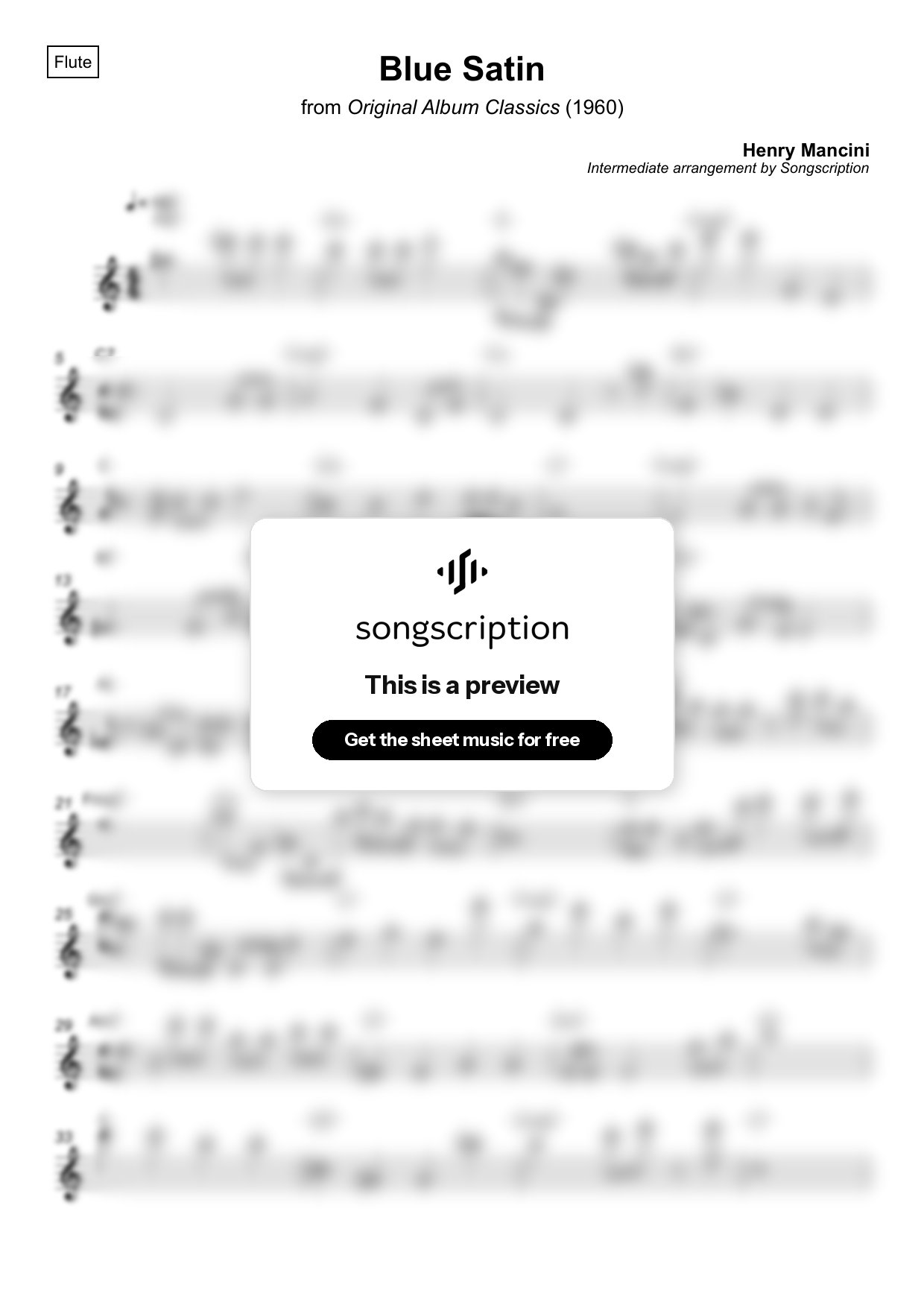 Intermediate Flute Sheet Music for "Blue Satin" by Henry Mancini