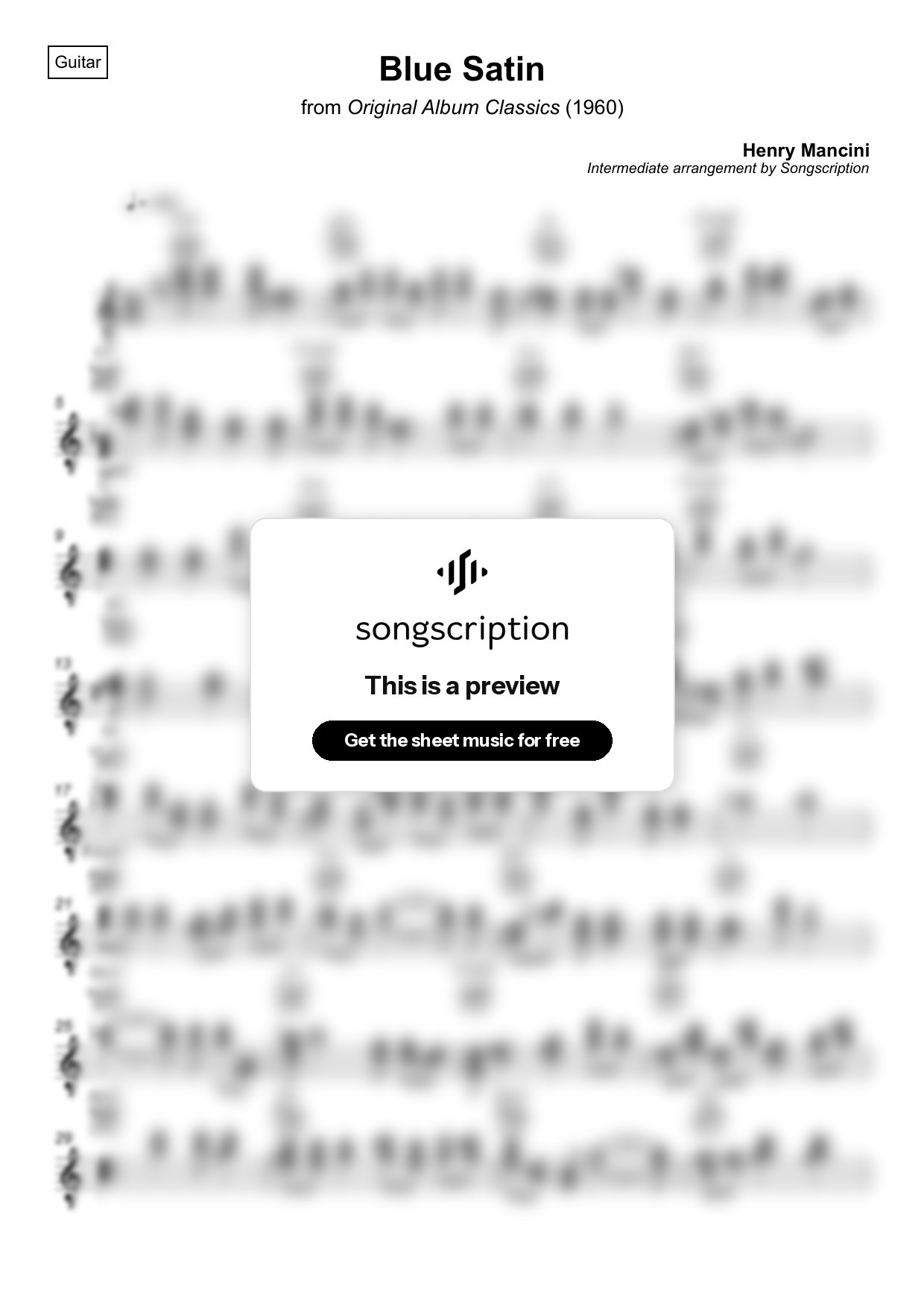 Intermediate Acoustic Guitar Sheet Music for "Blue Satin" by Henry Mancini