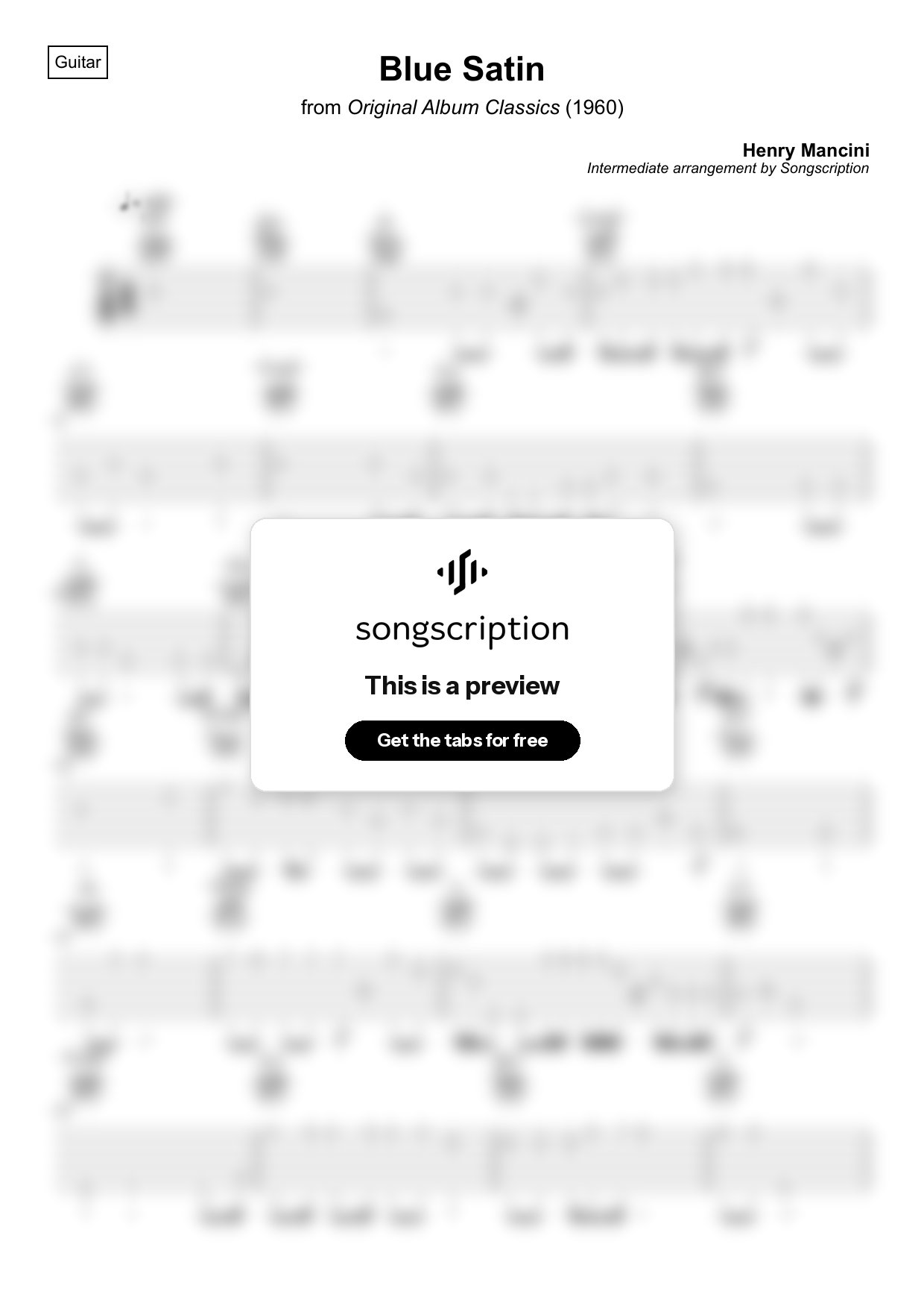 Intermediate Acoustic Guitar Tabs for "Blue Satin" by Henry Mancini
