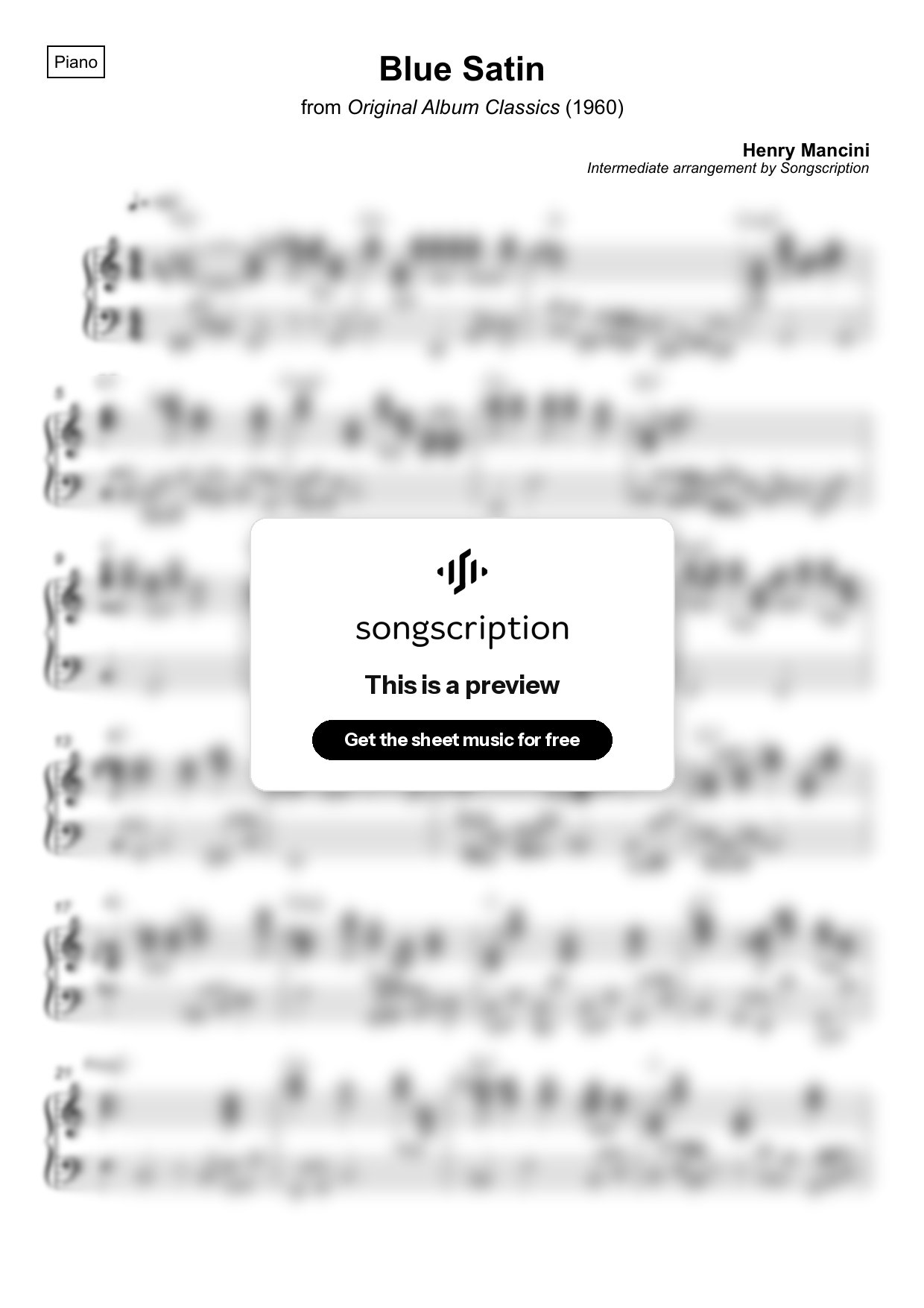 Intermediate Piano Sheet Music for "Blue Satin" by Henry Mancini