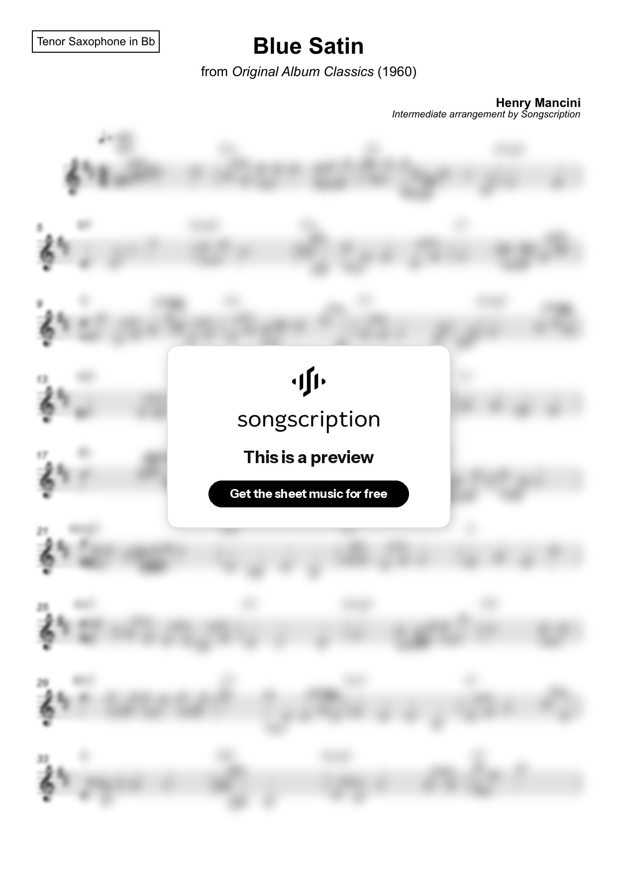 Intermediate Tenor Sax Sheet Music for "Blue Satin" by Henry Mancini
