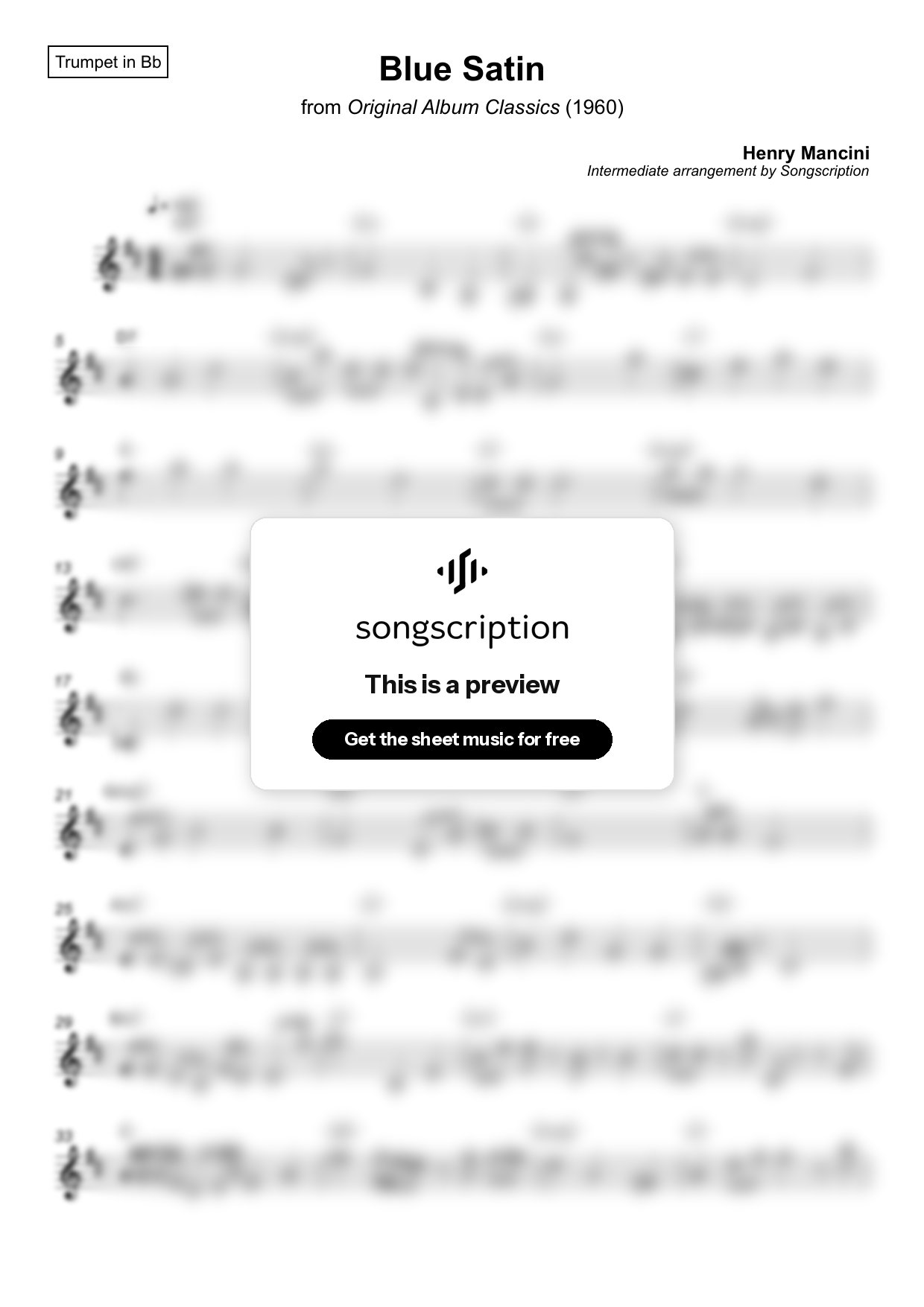 Intermediate Trumpet Sheet Music for "Blue Satin" by Henry Mancini