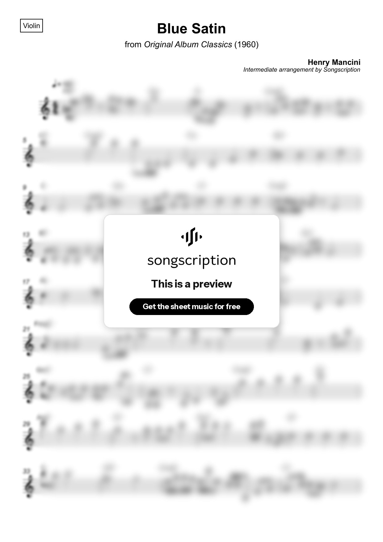 Intermediate Violin Sheet Music for "Blue Satin" by Henry Mancini