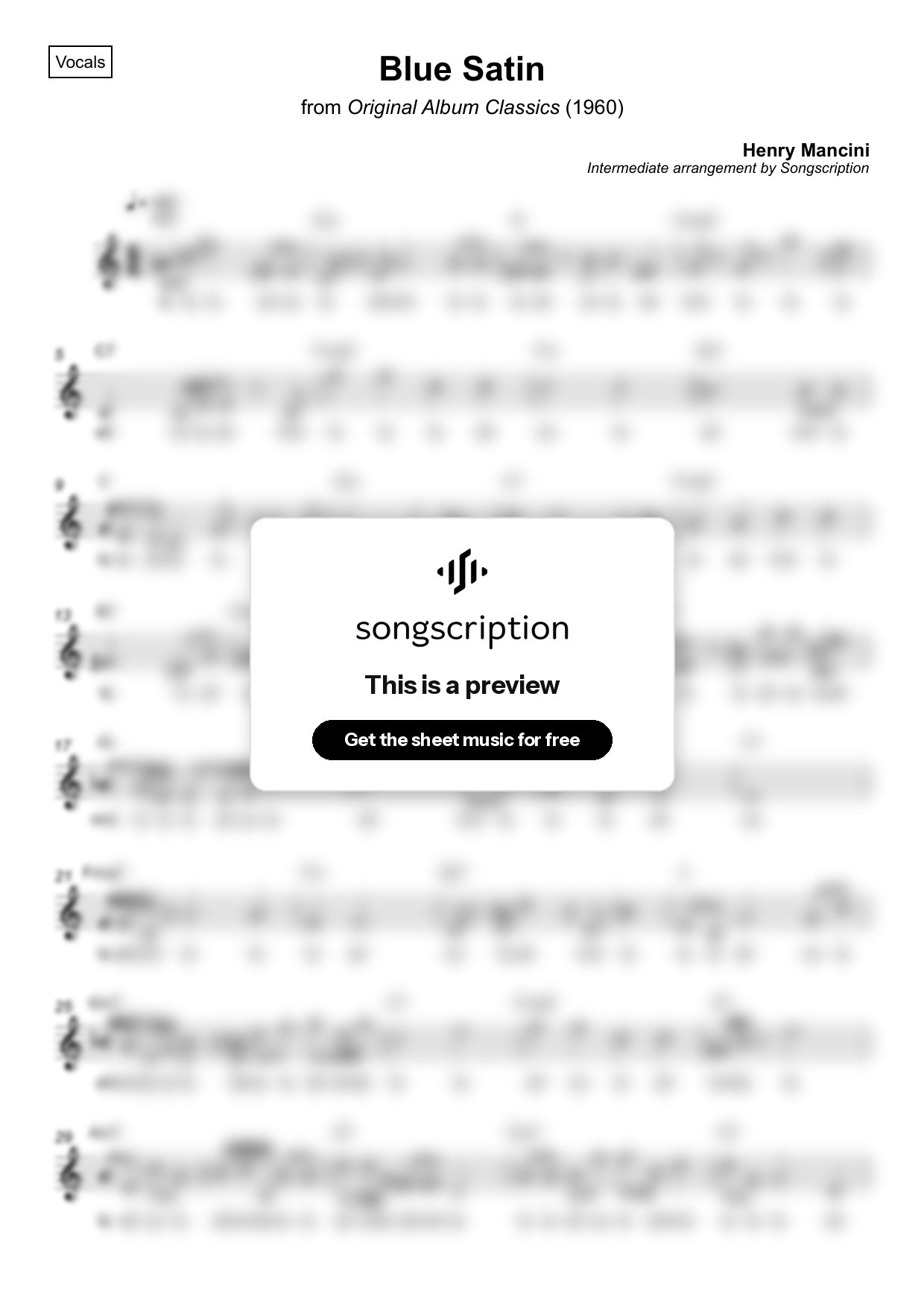 Intermediate Vocals Sheet Music for "Blue Satin" by Henry Mancini