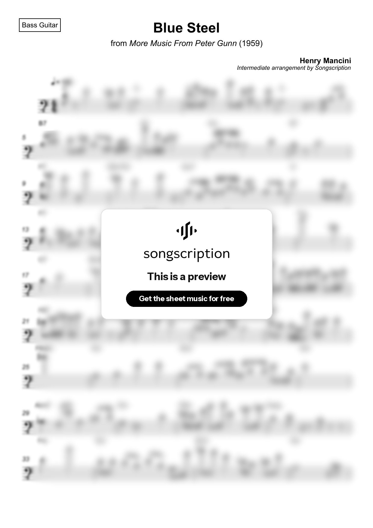 Intermediate Bass Guitar Sheet Music for "Blue Steel" by Henry Mancini