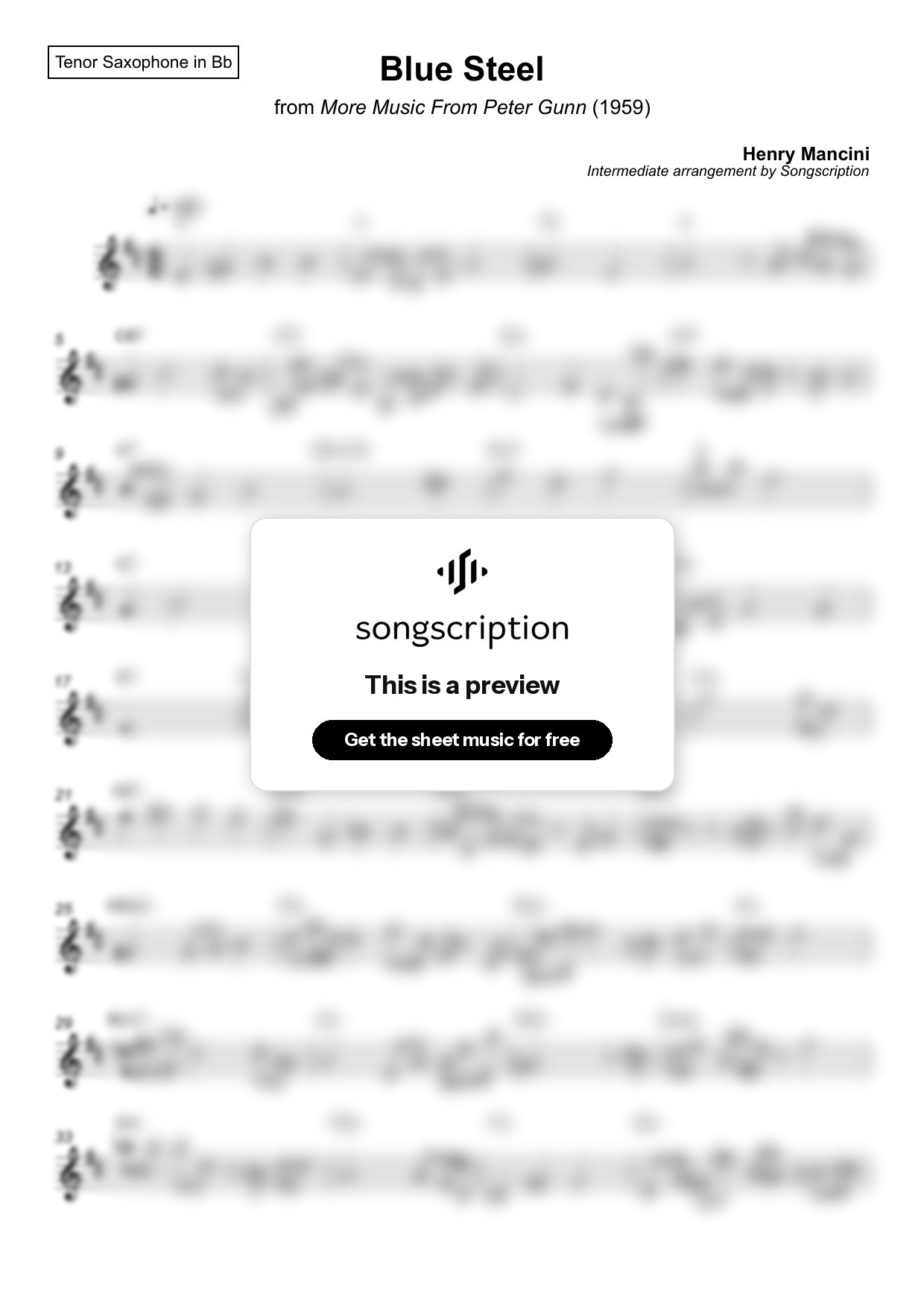 Intermediate Tenor Sax Sheet Music for "Blue Steel" by Henry Mancini