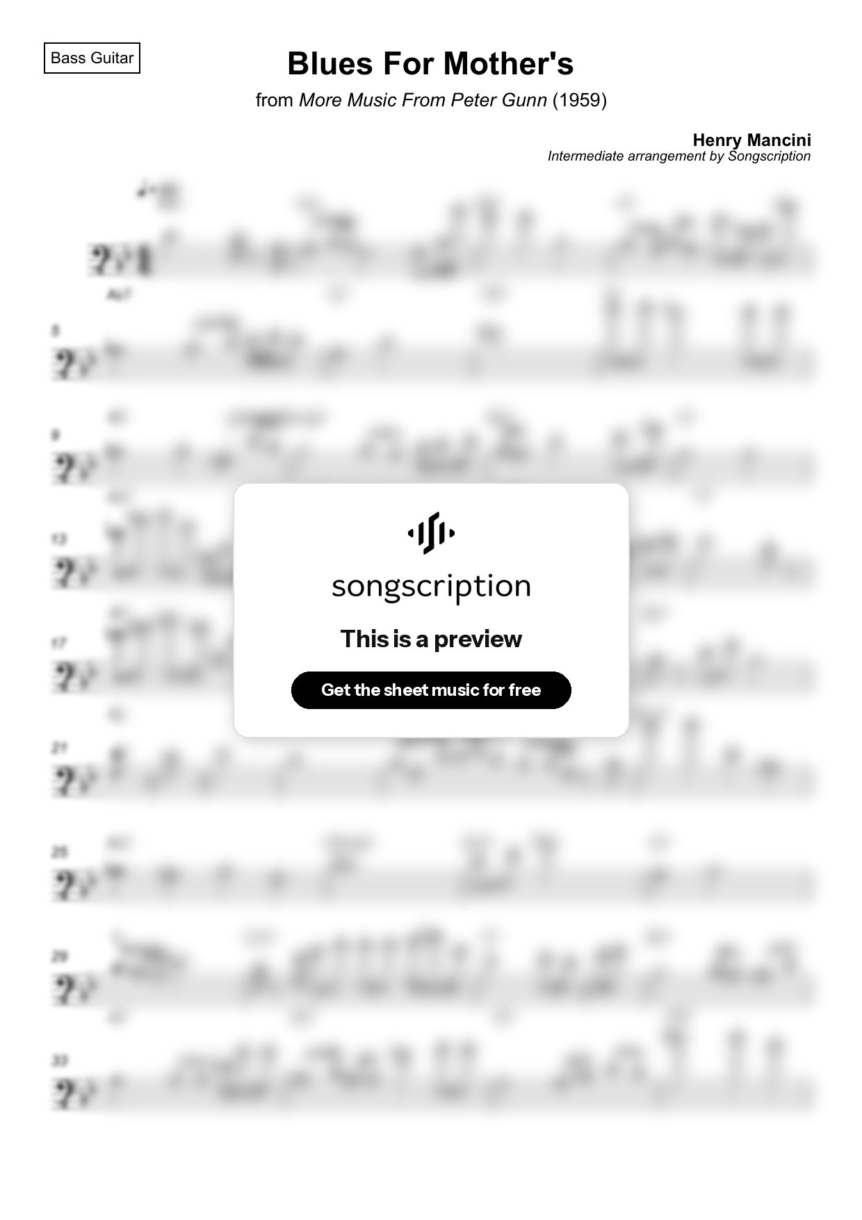 Intermediate Bass Guitar Sheet Music for "Blues For Mother's" by Henry Mancini