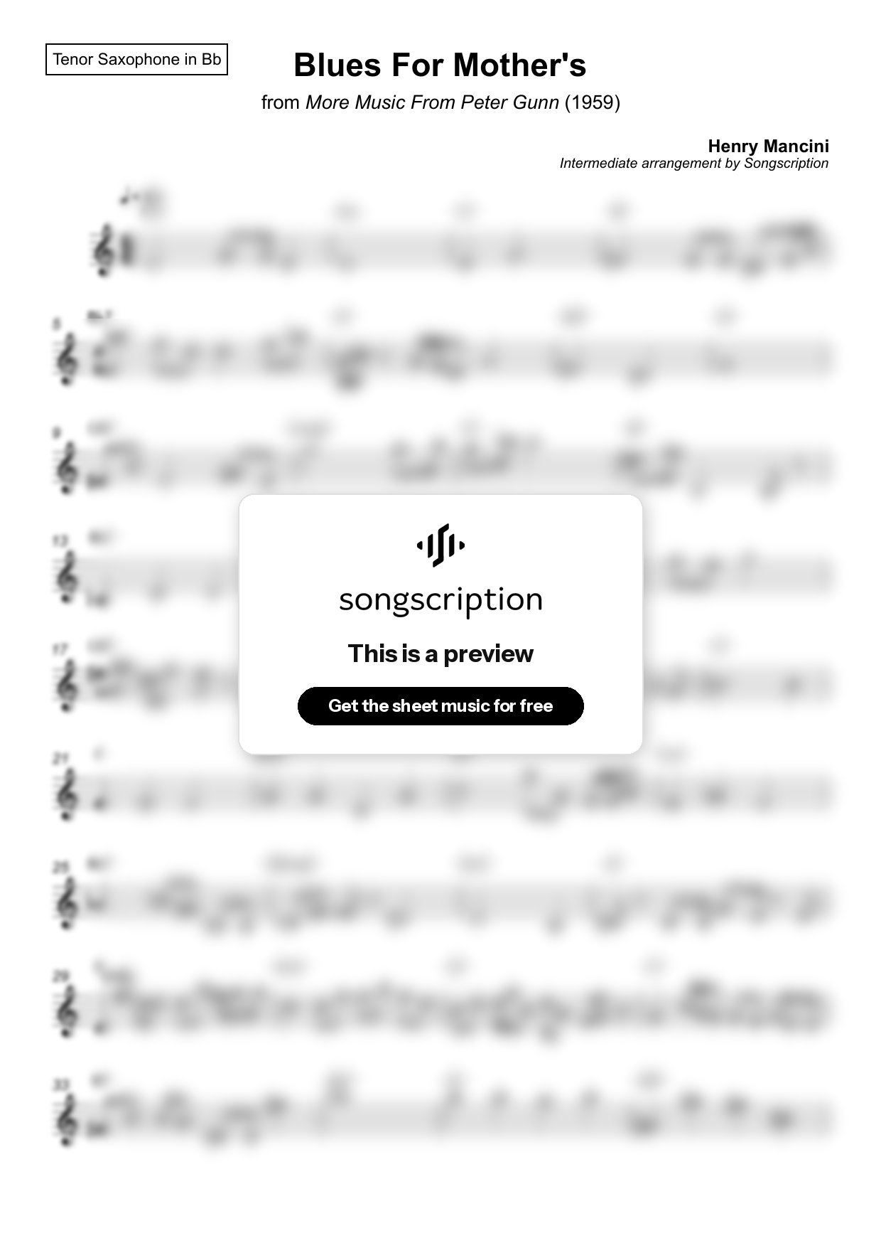 Intermediate Tenor Sax Sheet Music for "Blues For Mother's" by Henry Mancini