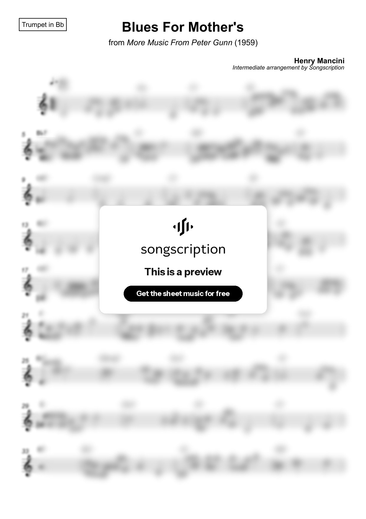 Intermediate Trumpet Sheet Music for "Blues For Mother's" by Henry Mancini