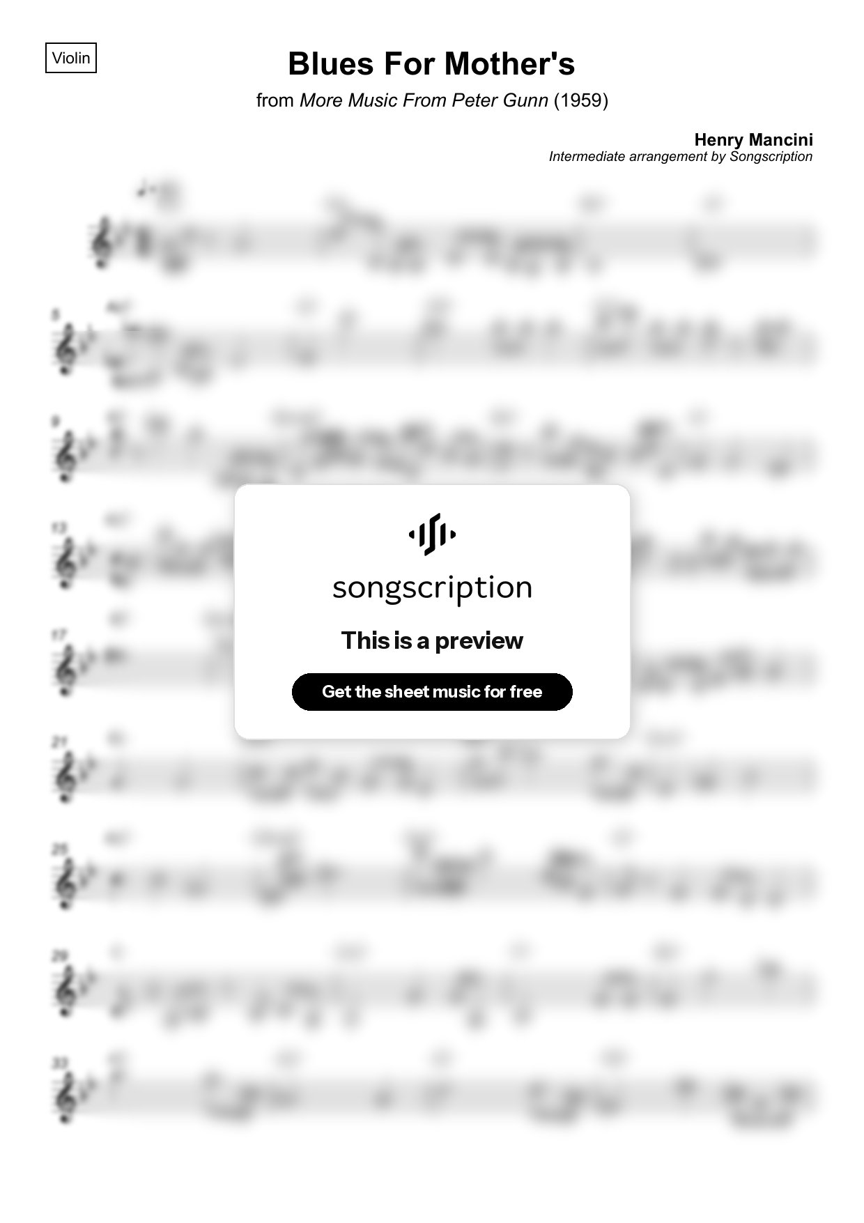 Intermediate Violin Sheet Music for "Blues For Mother's" by Henry Mancini