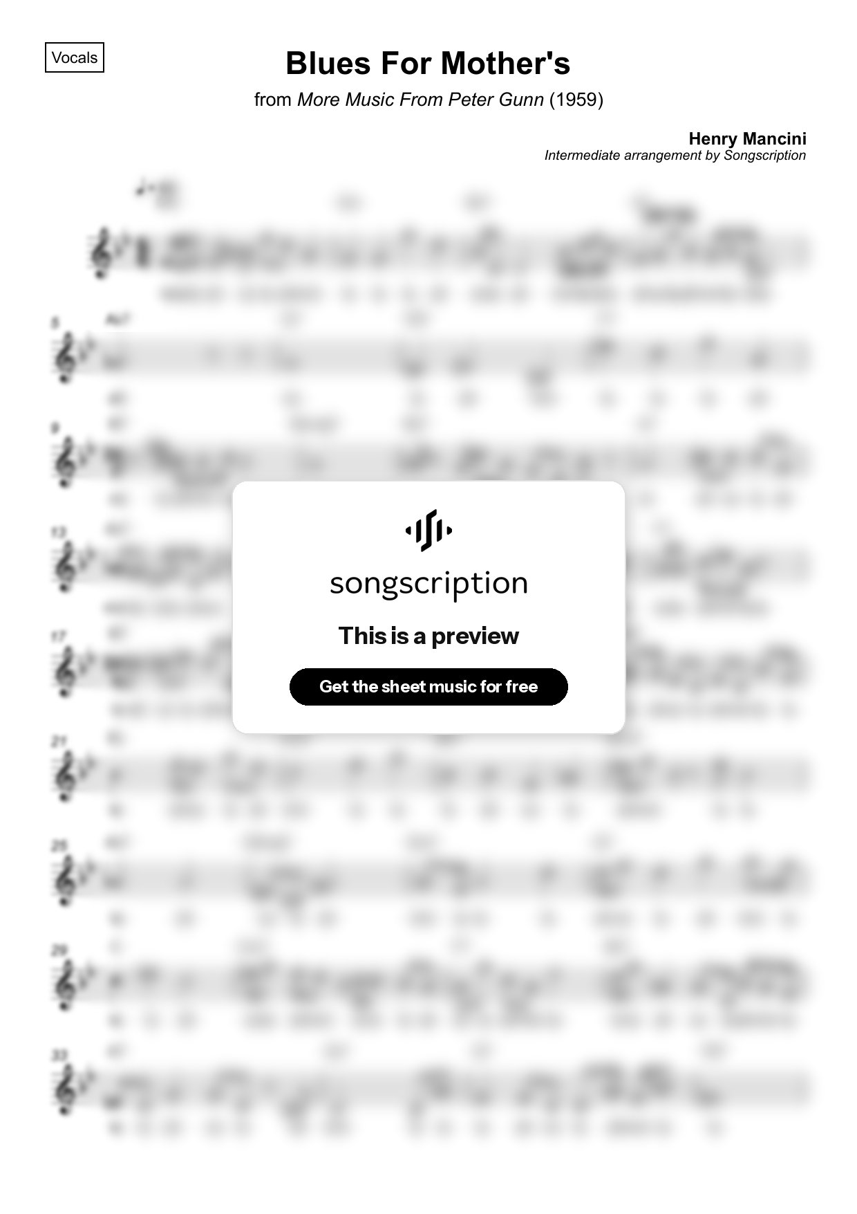 Intermediate Vocals Sheet Music for "Blues For Mother's" by Henry Mancini