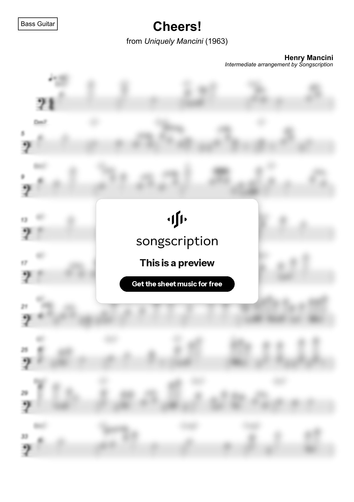 Intermediate Bass Guitar Sheet Music for "Cheers!" by Henry Mancini
