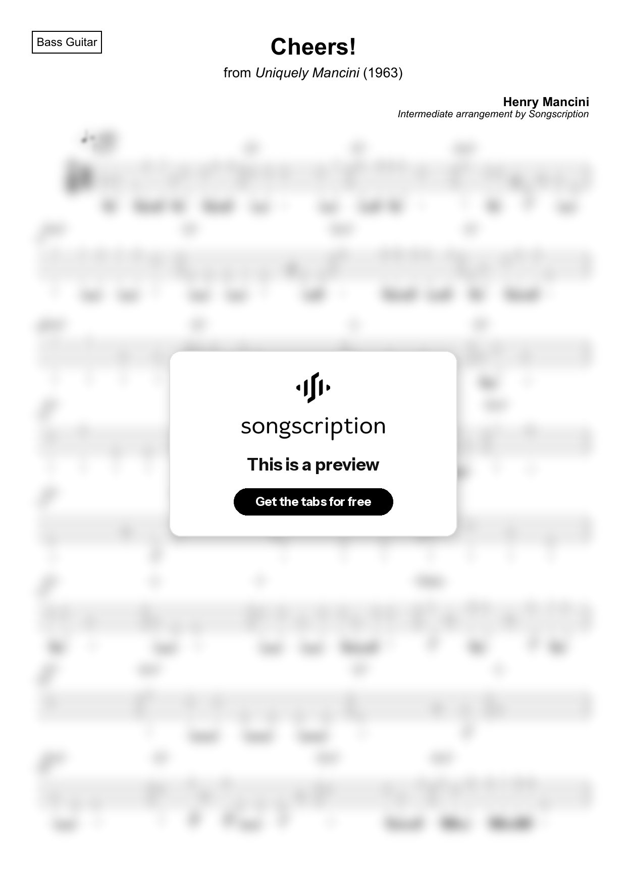 Intermediate Bass Guitar Tabs for "Cheers!" by Henry Mancini