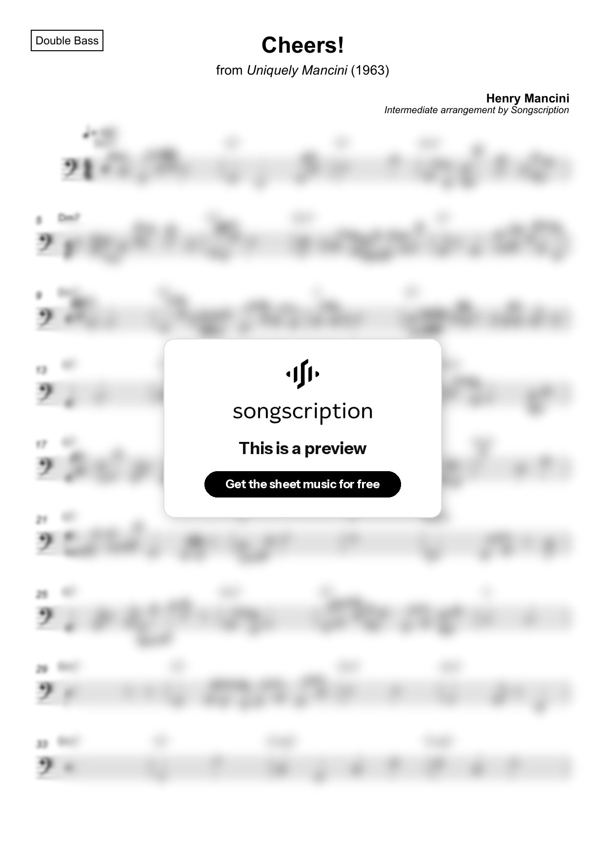 Intermediate Double Bass Sheet Music for "Cheers!" by Henry Mancini