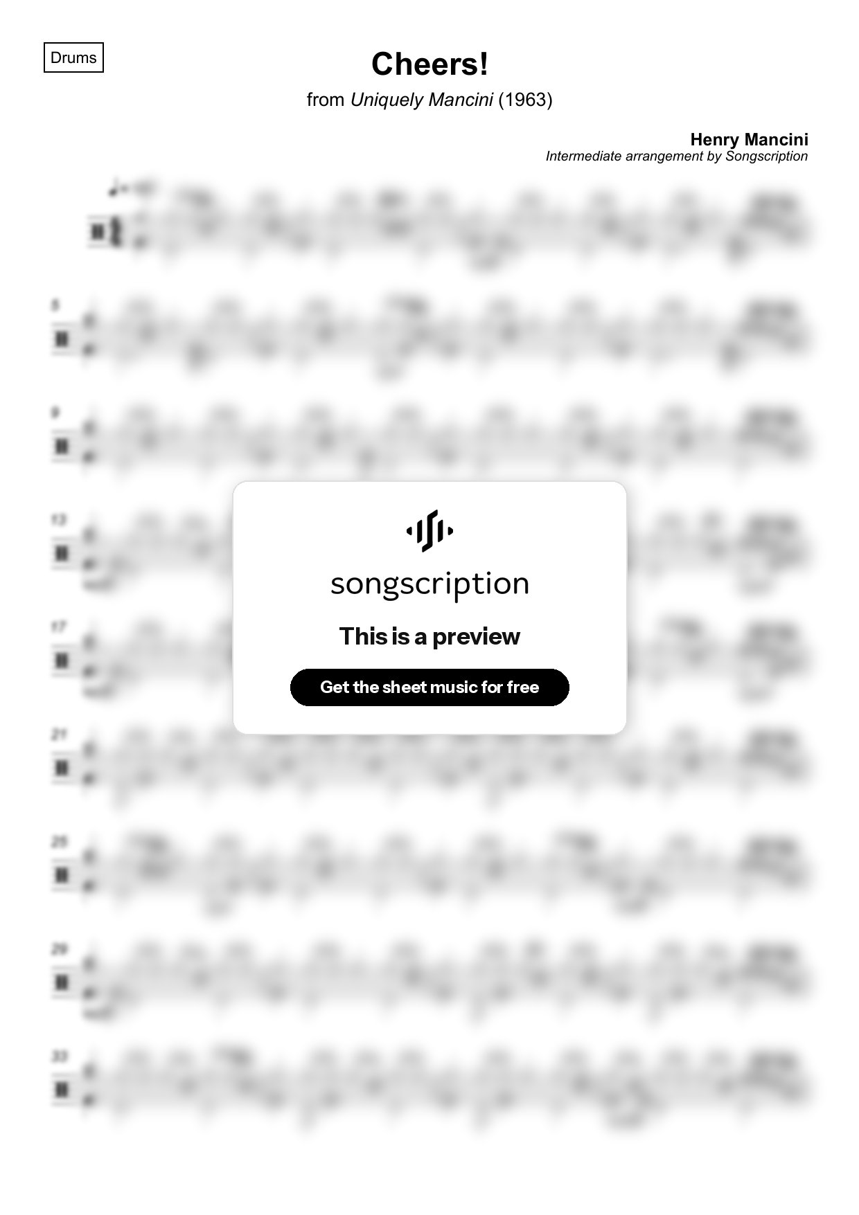 Intermediate Drums Sheet Music for "Cheers!" by Henry Mancini