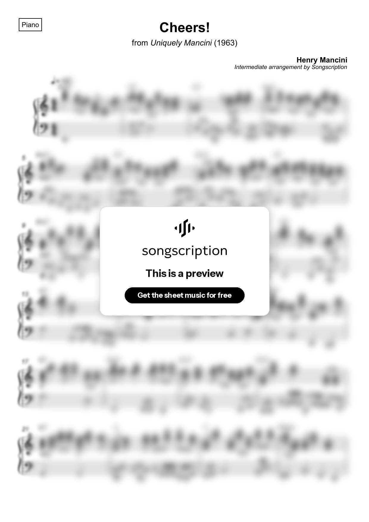 Intermediate Piano Sheet Music for "Cheers!" by Henry Mancini