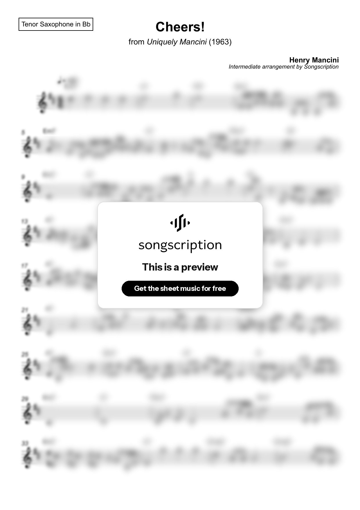 Intermediate Tenor Sax Sheet Music for "Cheers!" by Henry Mancini