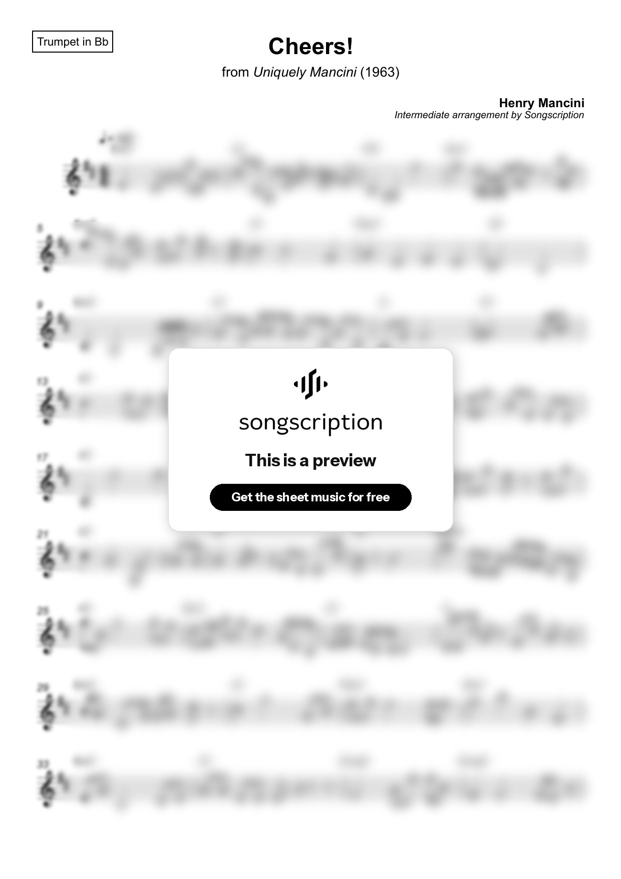 Intermediate Trumpet Sheet Music for "Cheers!" by Henry Mancini