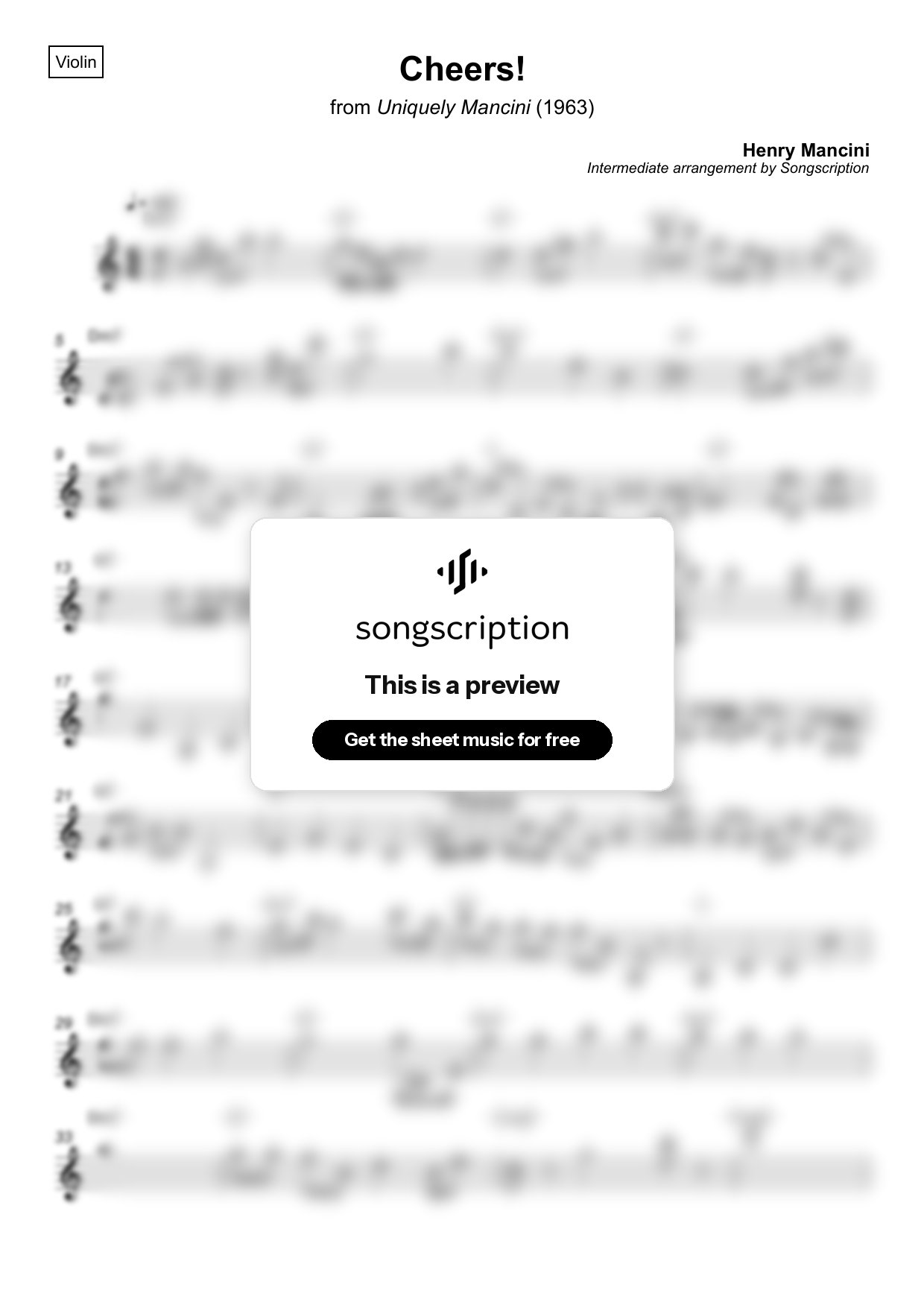 Intermediate Violin Sheet Music for "Cheers!" by Henry Mancini