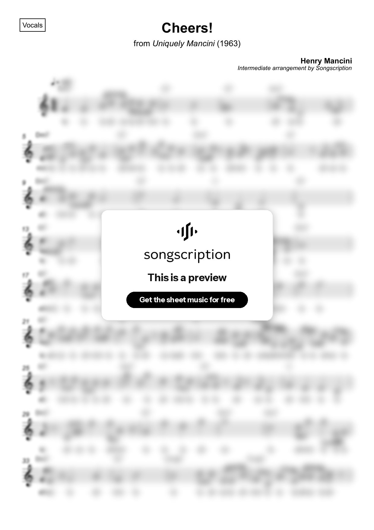 Intermediate Vocals Sheet Music for "Cheers!" by Henry Mancini