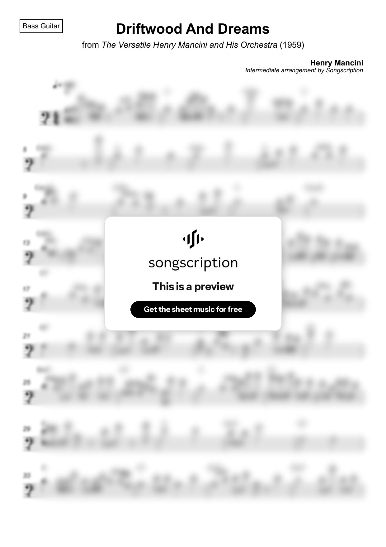 Intermediate Bass Guitar Sheet Music for "Driftwood And Dreams" by Henry Mancini