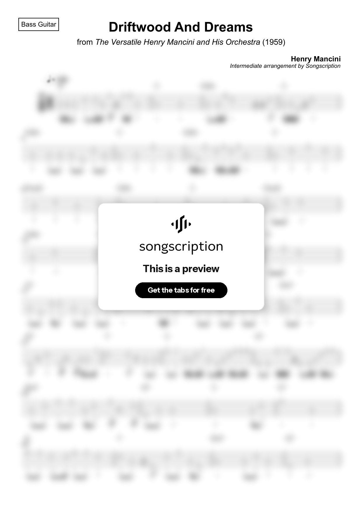 Intermediate Bass Guitar Tabs for "Driftwood And Dreams" by Henry Mancini