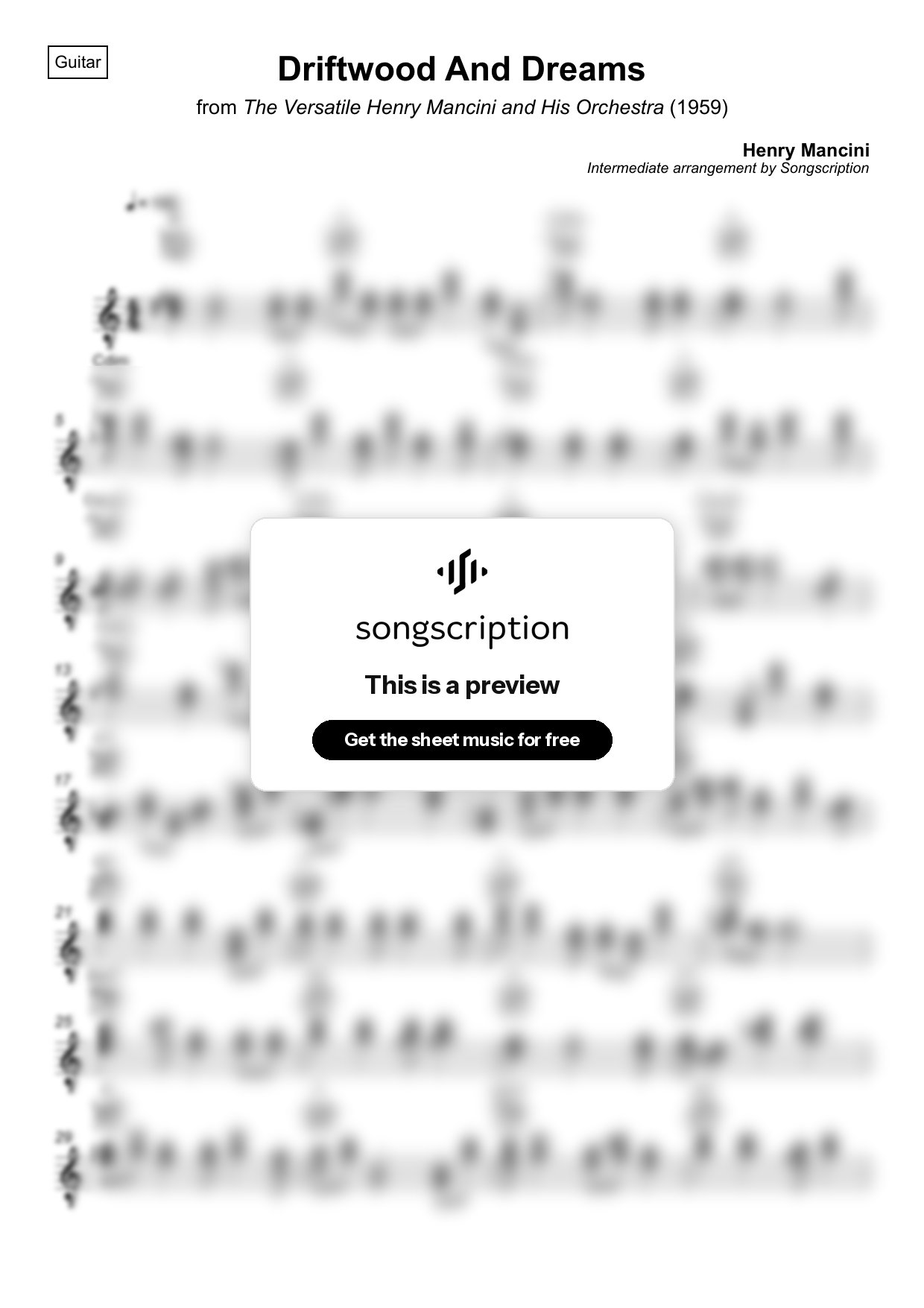 Intermediate Acoustic Guitar Sheet Music for "Driftwood And Dreams" by Henry Mancini