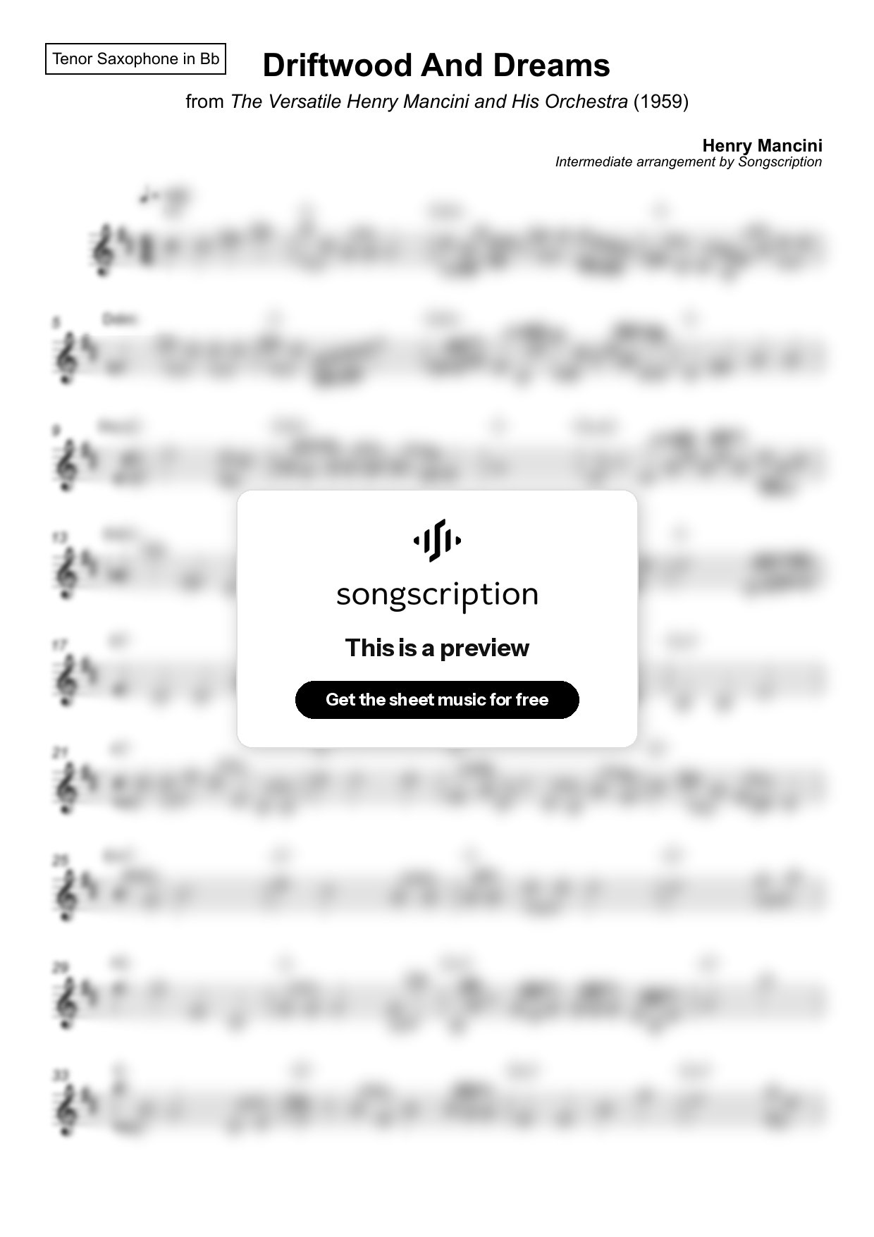 Intermediate Tenor Sax Sheet Music for "Driftwood And Dreams" by Henry Mancini
