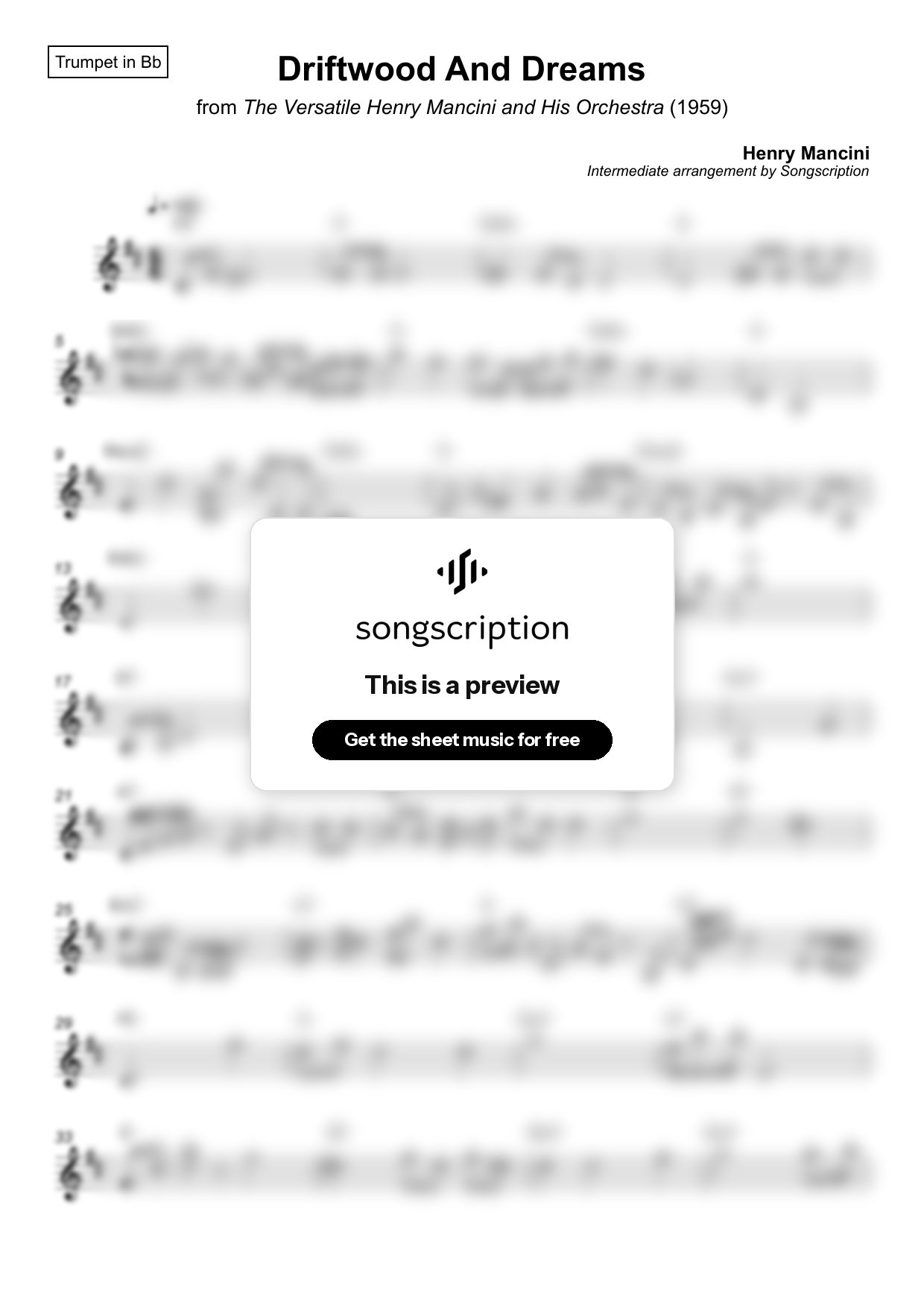 Intermediate Trumpet Sheet Music for "Driftwood And Dreams" by Henry Mancini