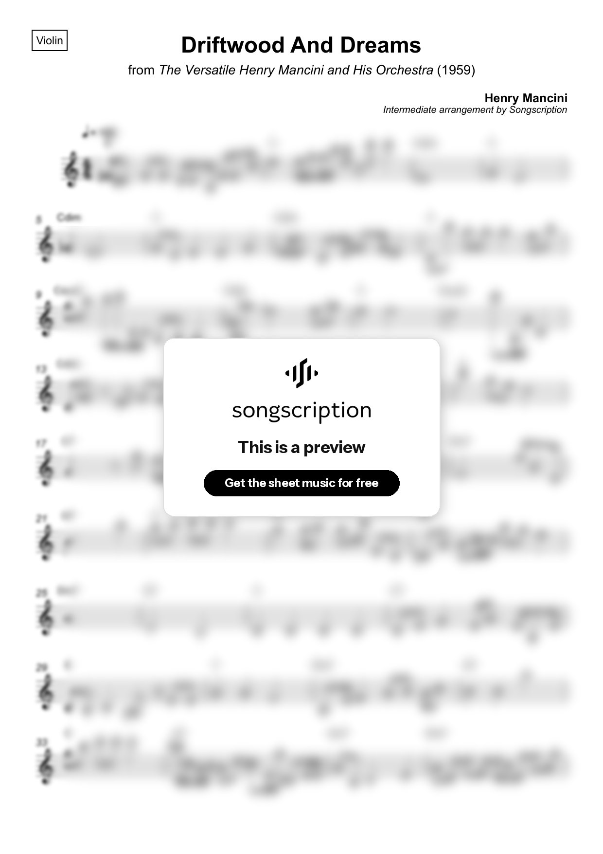 Intermediate Violin Sheet Music for "Driftwood And Dreams" by Henry Mancini
