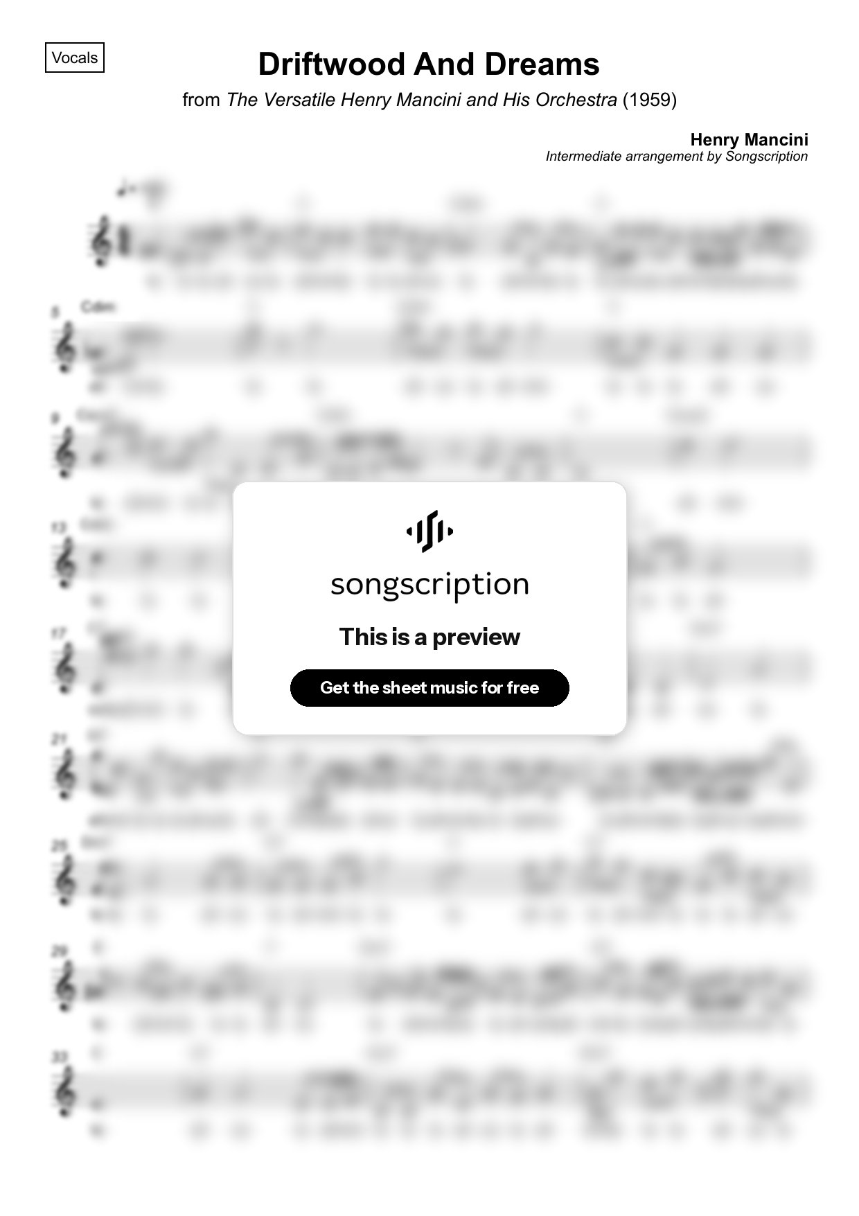 Intermediate Vocals Sheet Music for "Driftwood And Dreams" by Henry Mancini