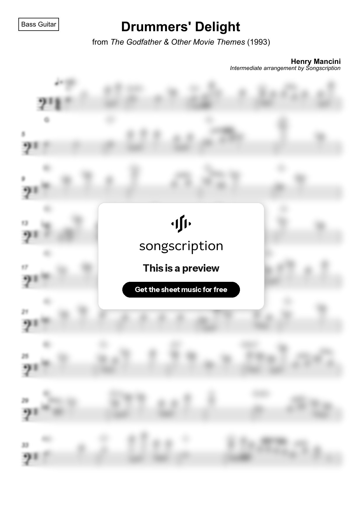 Intermediate Bass Guitar Sheet Music for "Drummers' Delight" by Henry Mancini