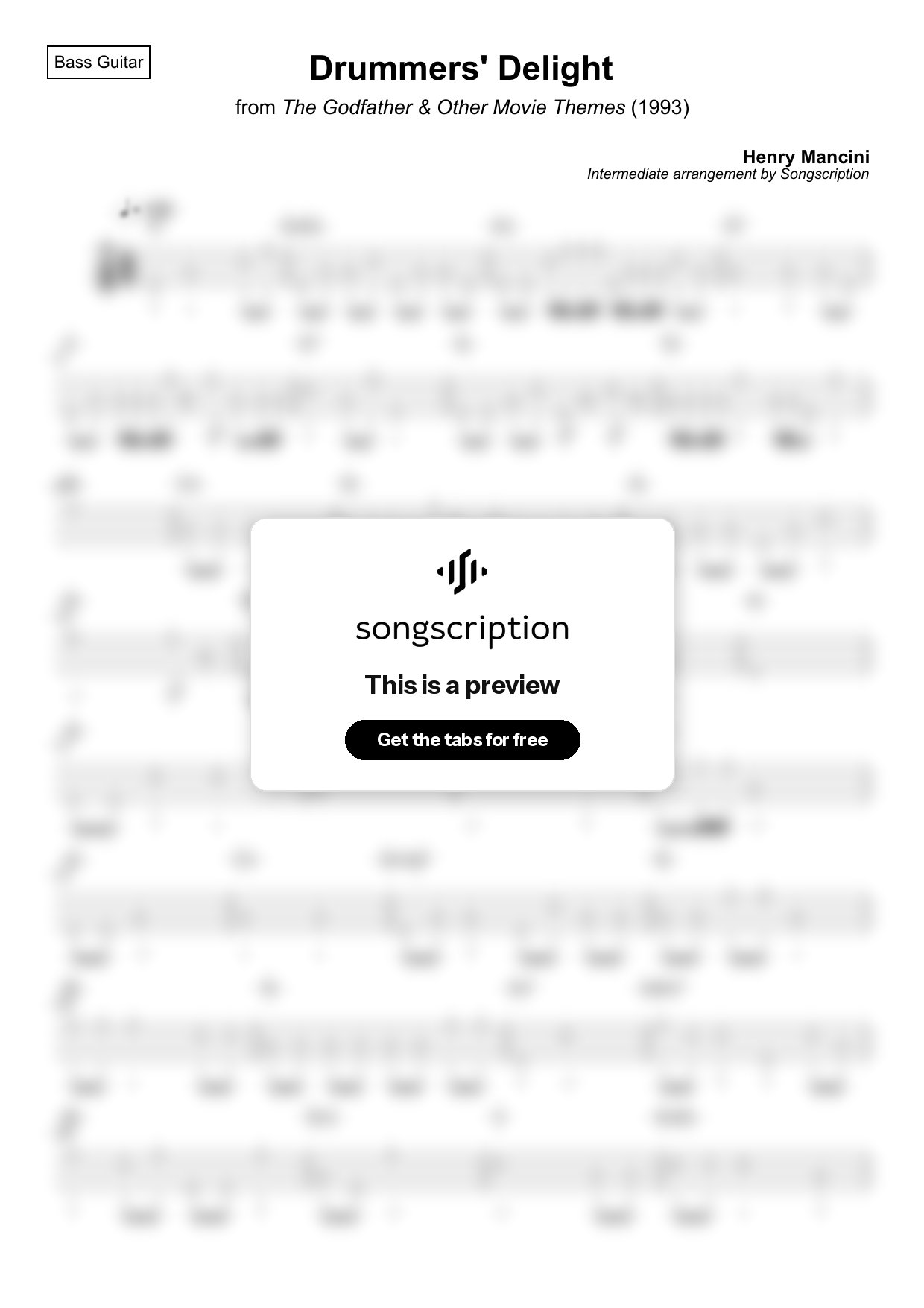 Intermediate Bass Guitar Tabs for "Drummers' Delight" by Henry Mancini