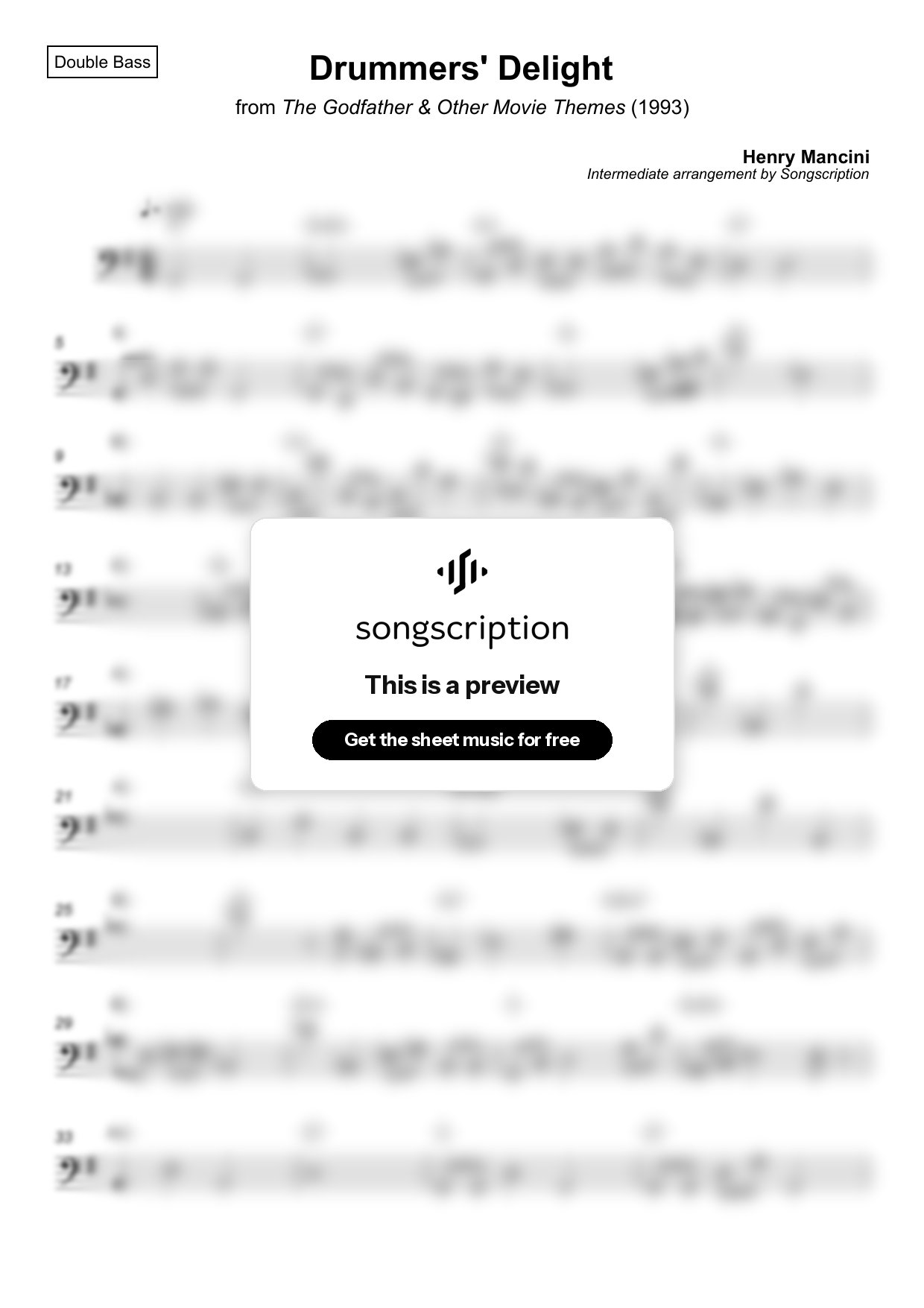 Intermediate Double Bass Sheet Music for "Drummers' Delight" by Henry Mancini