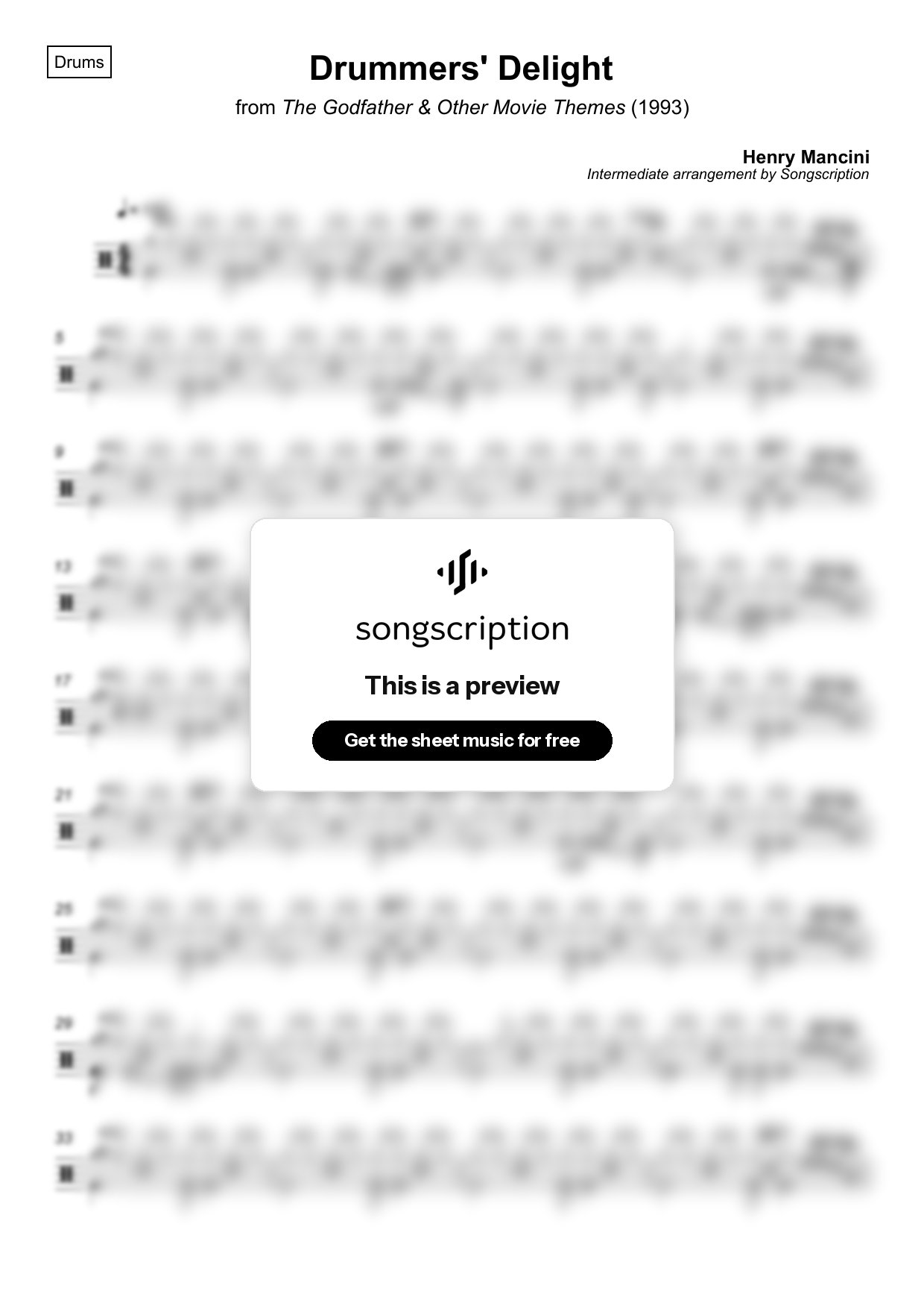 Intermediate Drums Sheet Music for "Drummers' Delight" by Henry Mancini