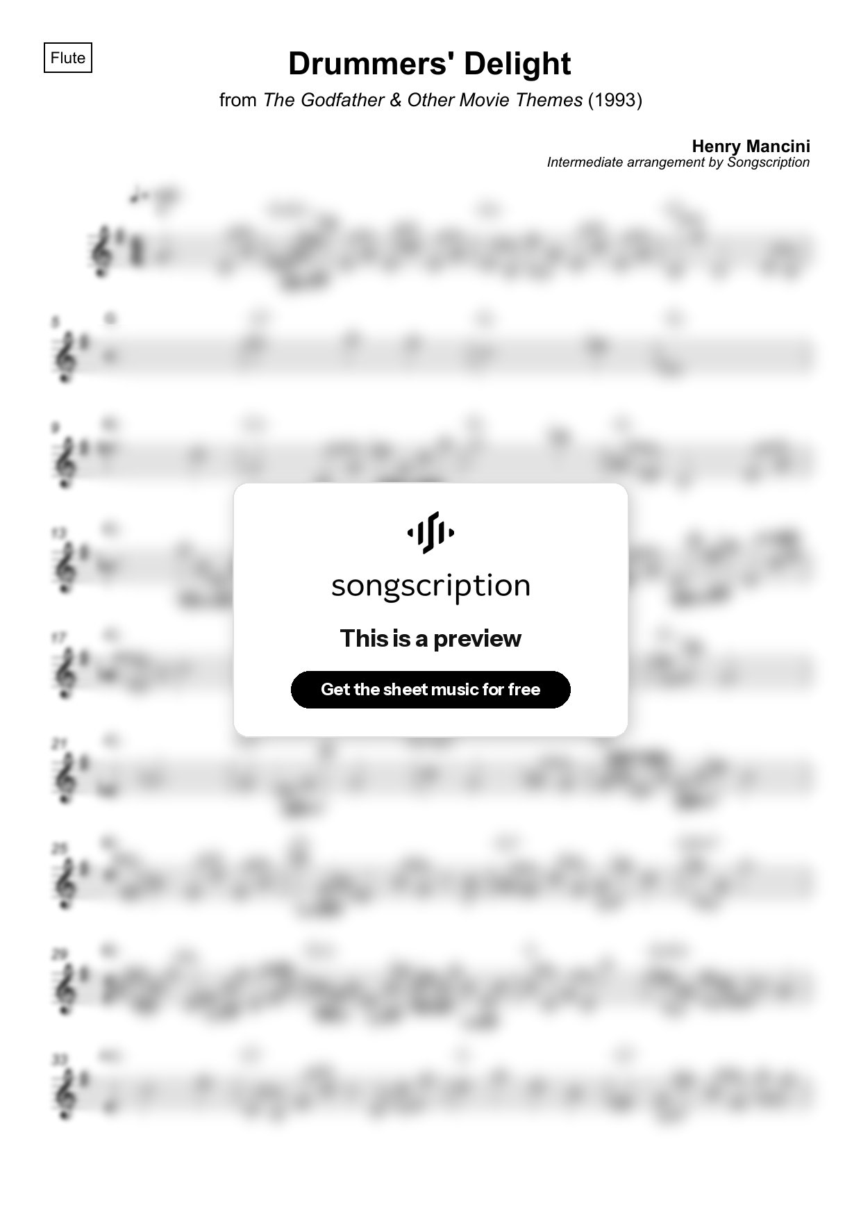 Intermediate Flute Sheet Music for "Drummers' Delight" by Henry Mancini