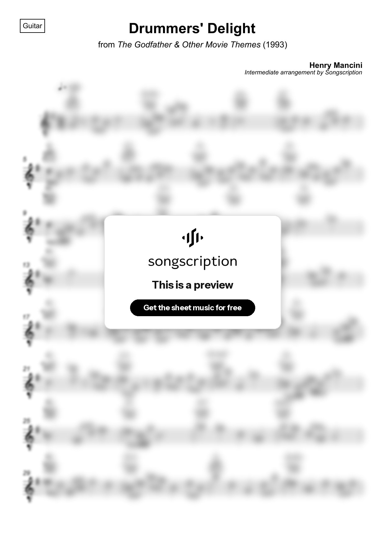 Intermediate Acoustic Guitar Sheet Music for "Drummers' Delight" by Henry Mancini