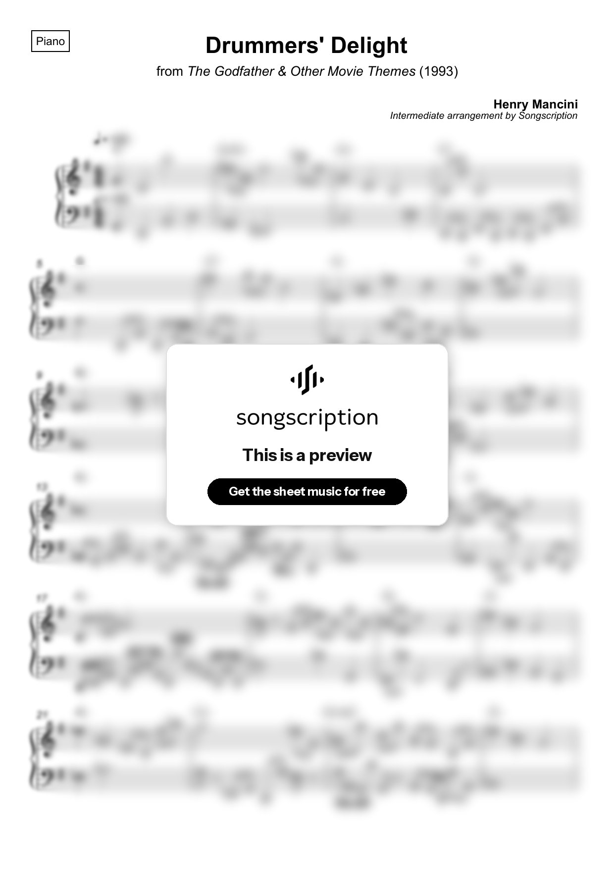 Intermediate Piano Sheet Music for "Drummers' Delight" by Henry Mancini
